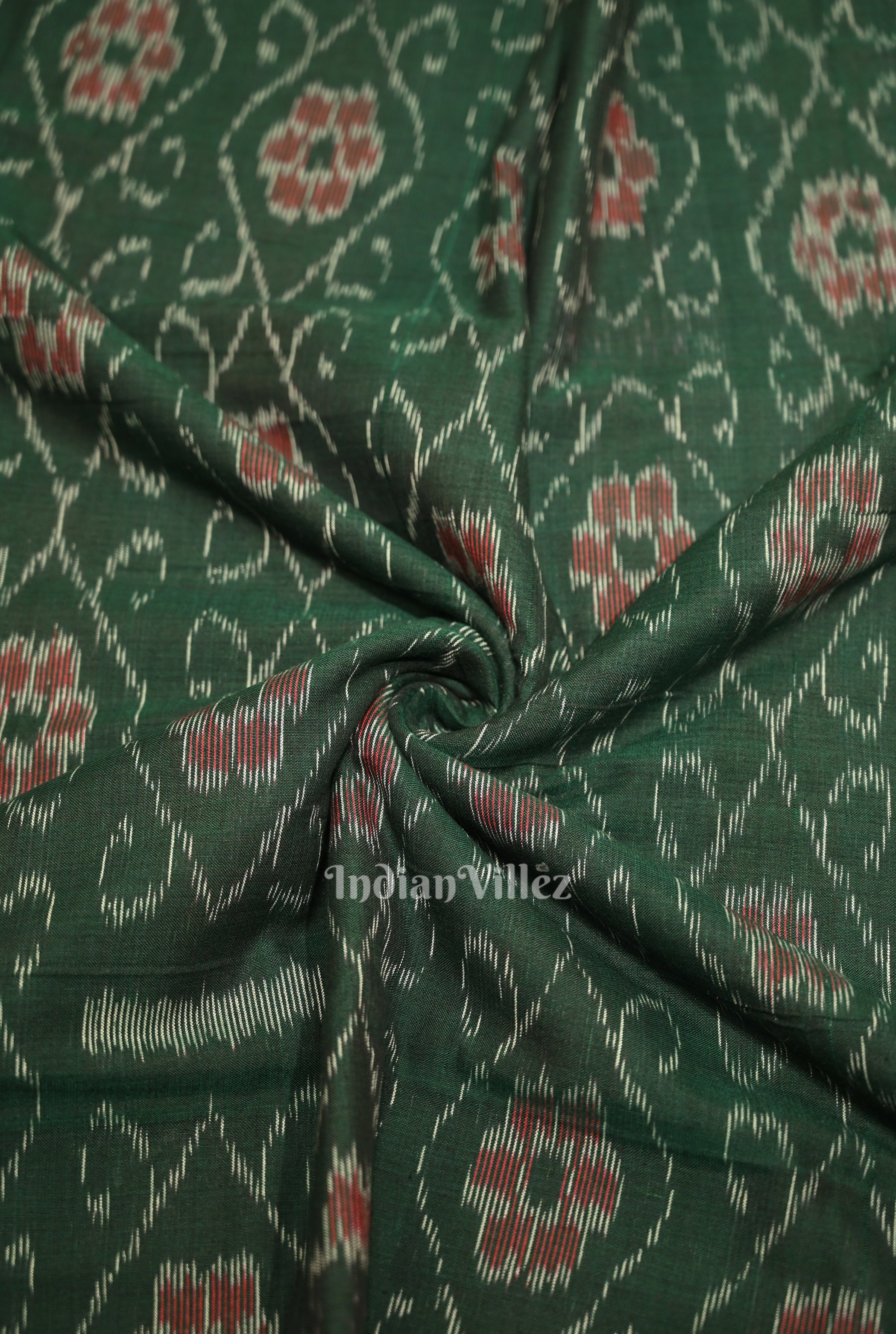 IndianVillèz Bottle Green Flower Pasapali Design Sambalpuri Odisha Ikat Cotton Fabric