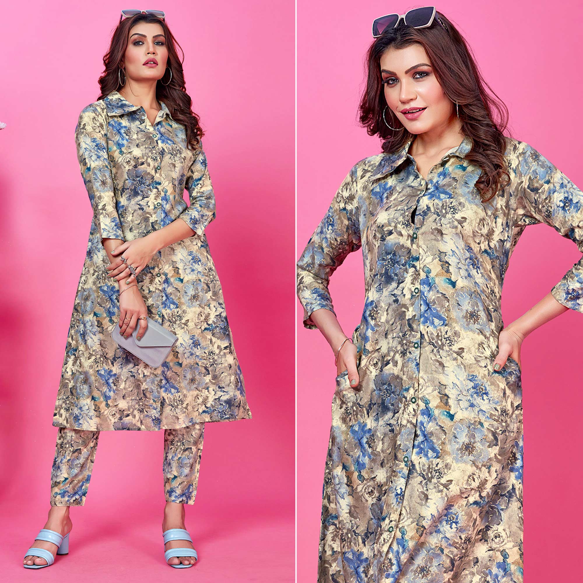 Peachmode Seller Cream Floral Foil Printed Rayon Co-Ord Set