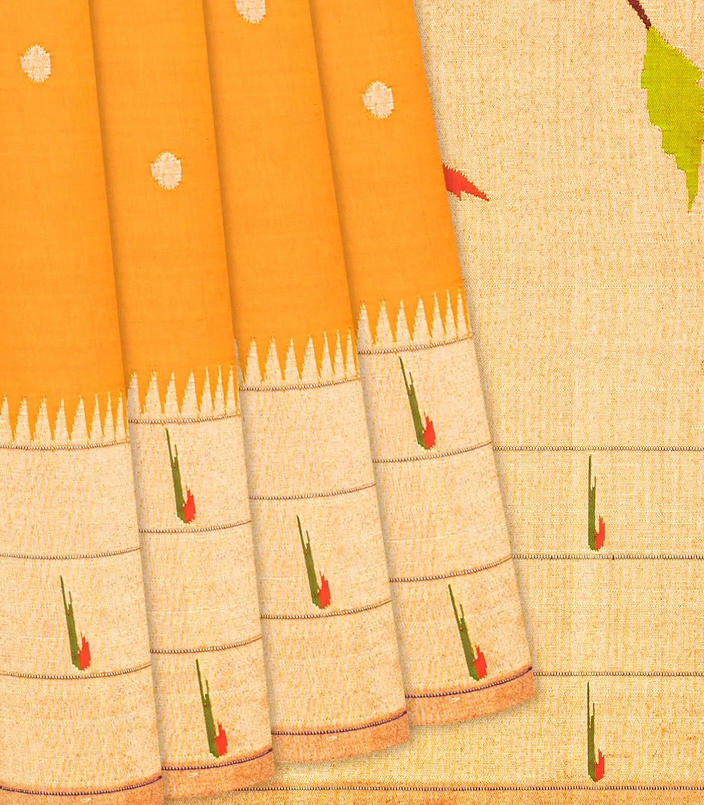 RmKV Orange Handloom Paithani Silk Saree With Coin Buttas-Orange
