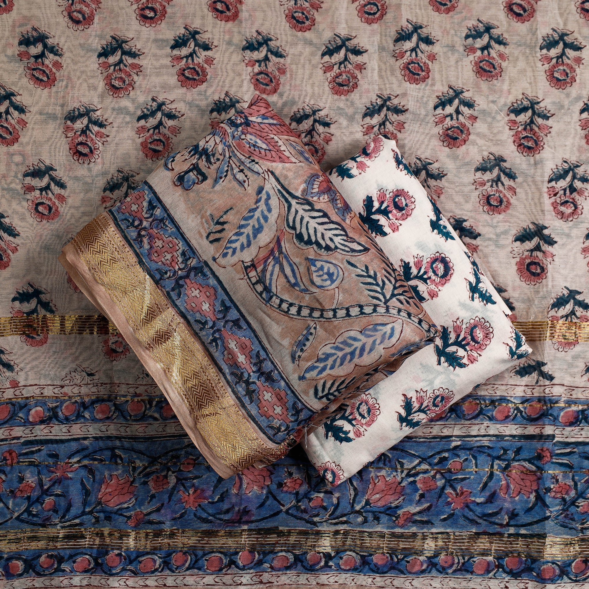 ARTISAN HAND BLOCK PRINTS Brown - 3pc Sanganeri Block Printed Maheshwari Silk Suit Material Set - view 2