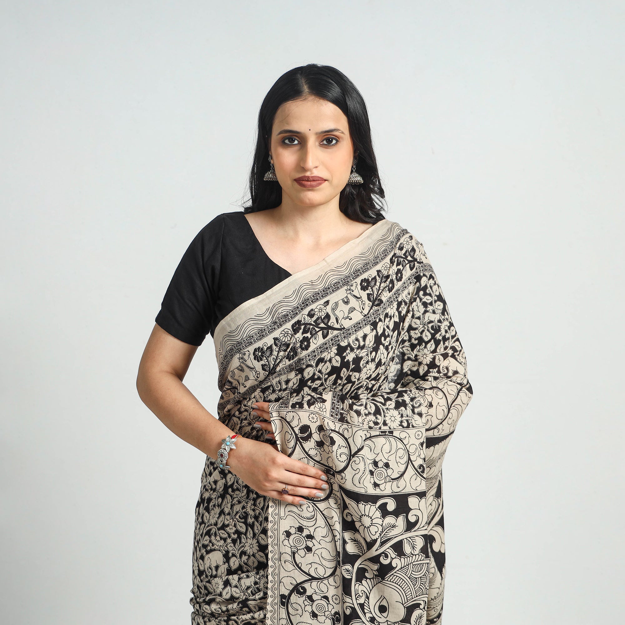 SOUTH KARGHA Black - Printed Cotton Kalamkari Saree with Blouse Piece 02 - view 3