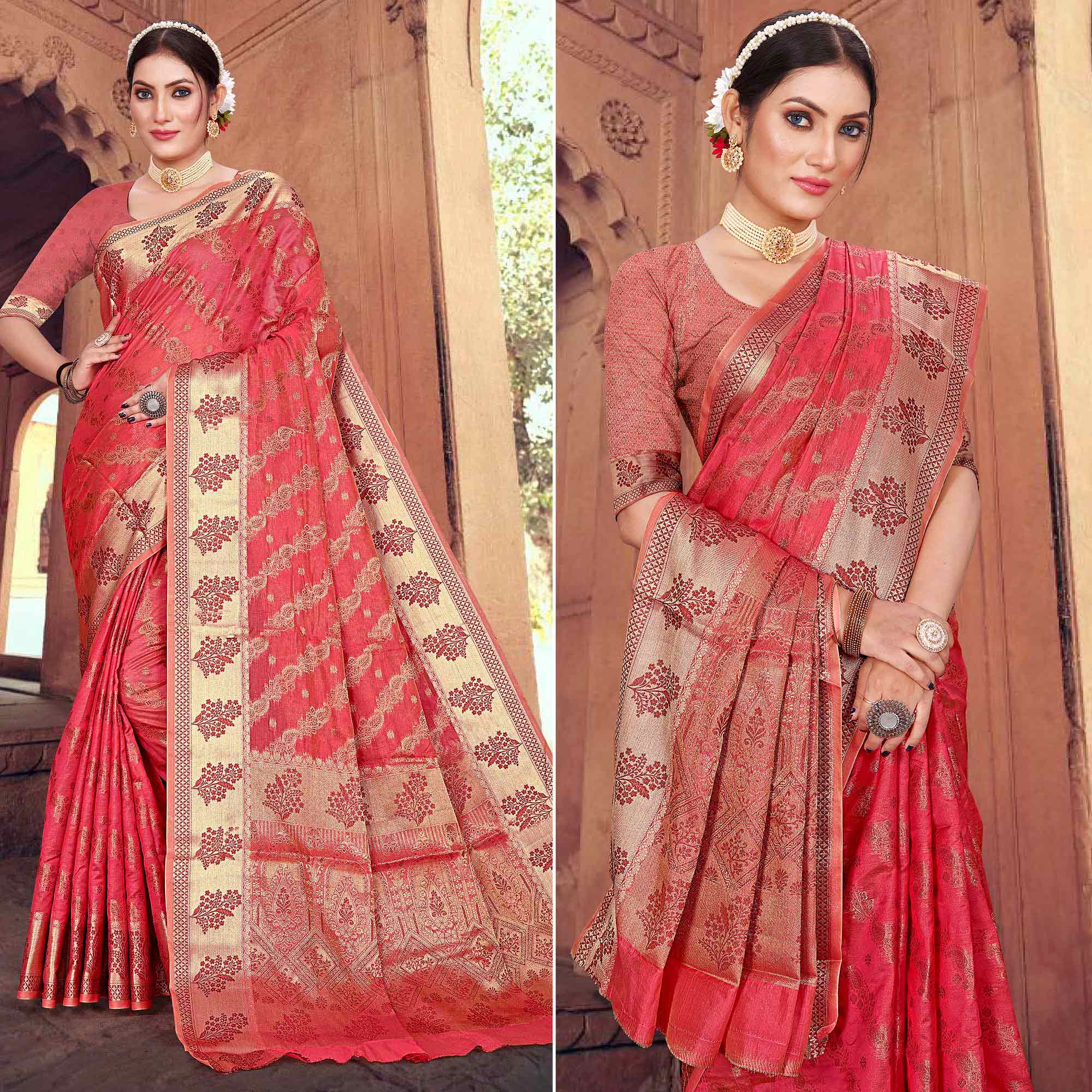 Peachmode Gajari Pink Floral Woven Organza Saree