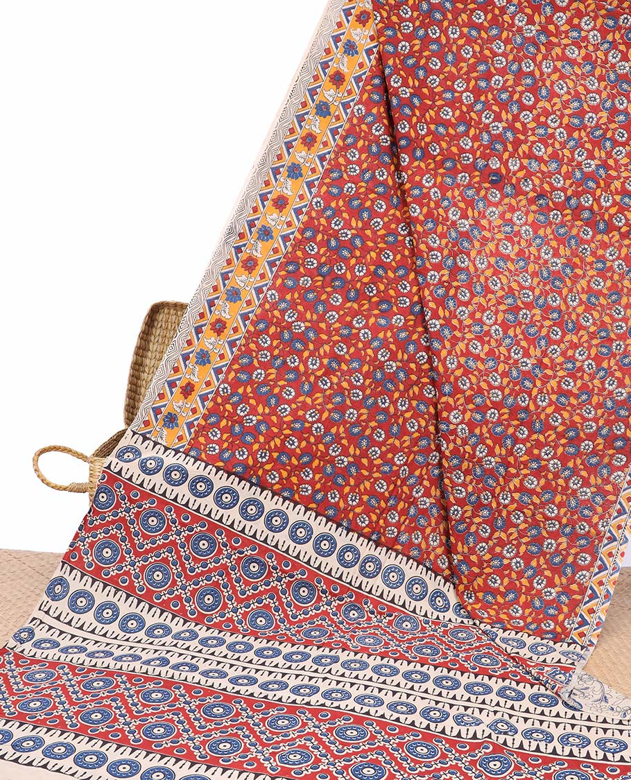 Pothys Red floral machine-printed kalamkari cotton saree, contrast floral & chevron border & intricate pallu