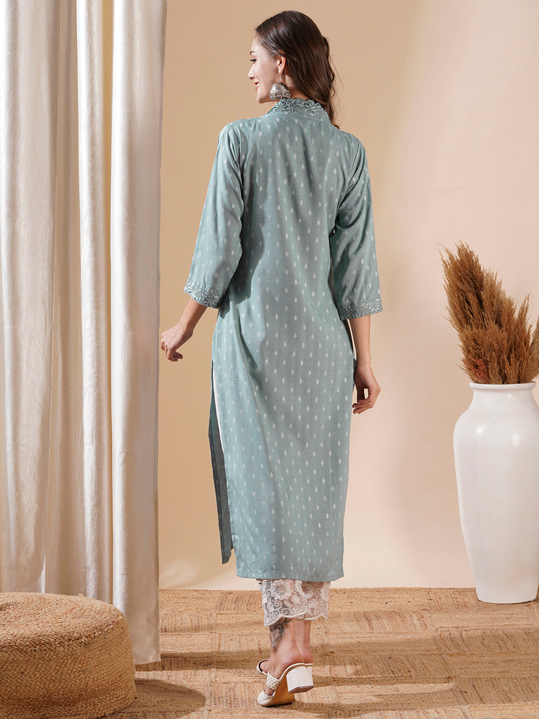 Fashor Woven Dobby Design Resham Embroidered Kurta - Powder Blue - view 6