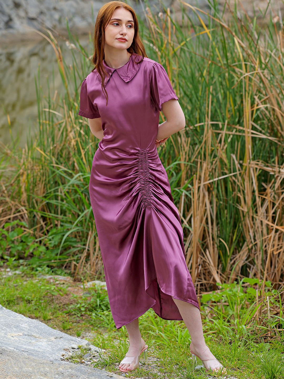 Freehand by The Indian Garage Co Women's Purple Straight Solid Round Neck Asymmetric Dress