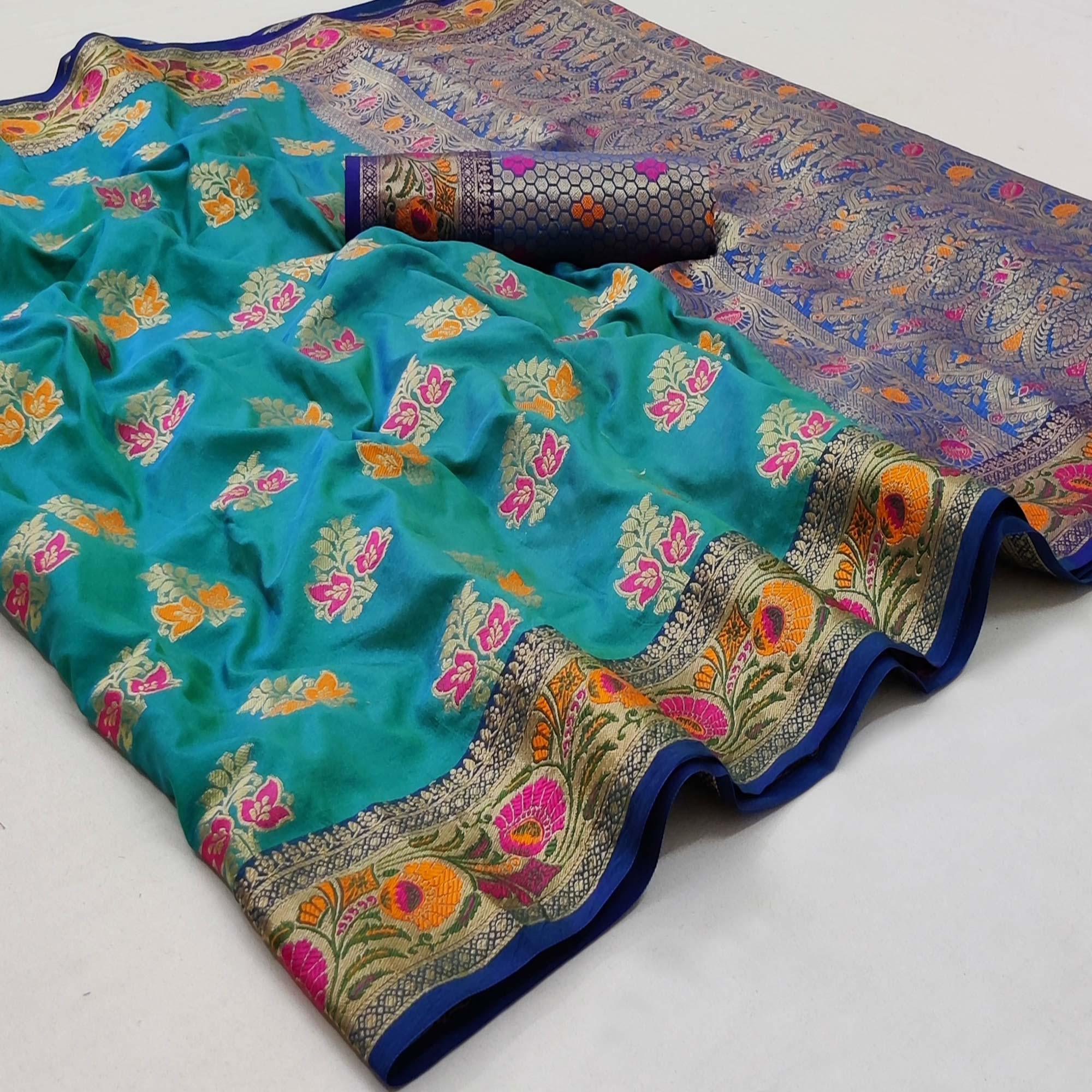 Peachmode Firoji Festive Wear Floral Woven Soft Silk Saree