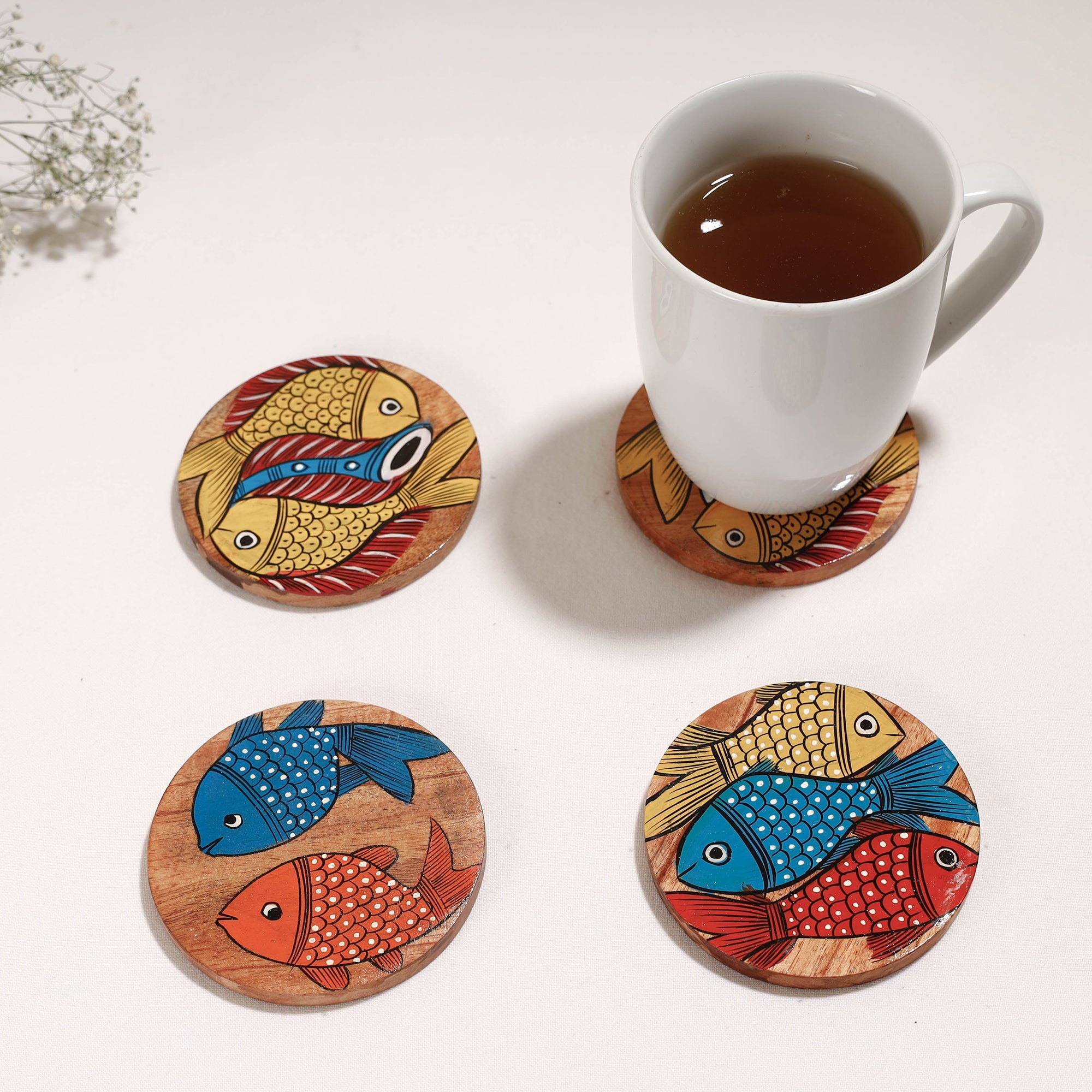 ITOKRI CRAFTS INITIATIVE Bengal Patua Handpainted Akashmoni Wooden Coasters (Set of 4)
