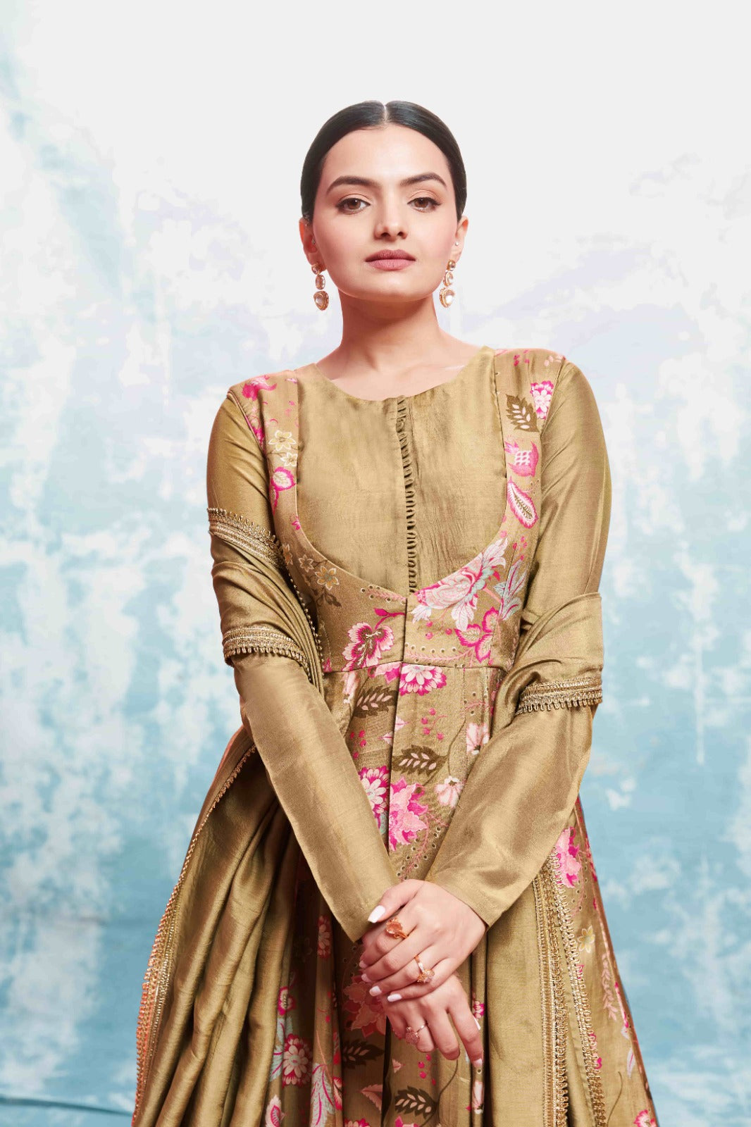 ClothsVilla Chic Olive Muslin Dress with Printed Work and Georgette Dupatta – Ready to Wear - view 7