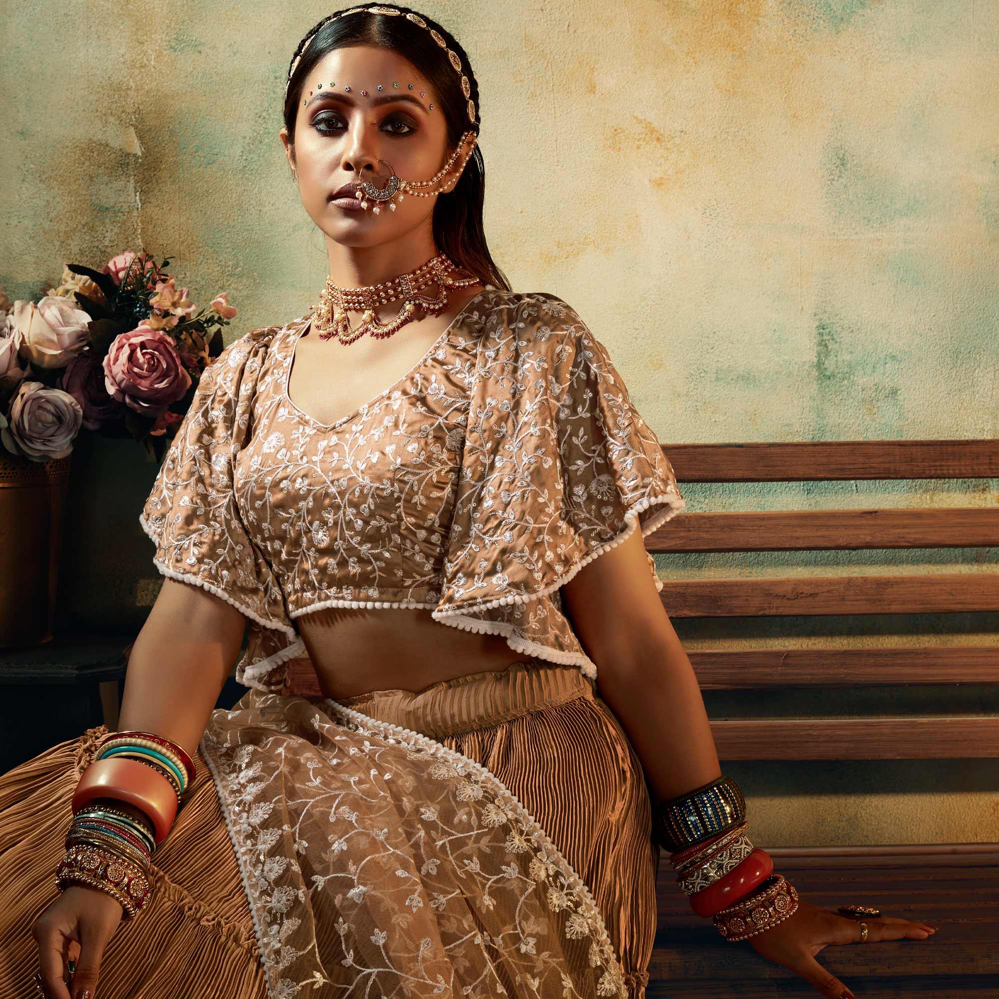 Peachmode Brown Solid Satin Lehenga Choli – Women's - view 5