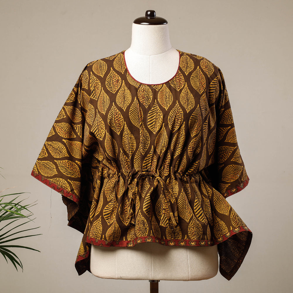 KACHCHH JI CHHAAP Brown - Ajrakh Hand Block Printed Cotton Kaftan with Tie-Up Waist (Short)