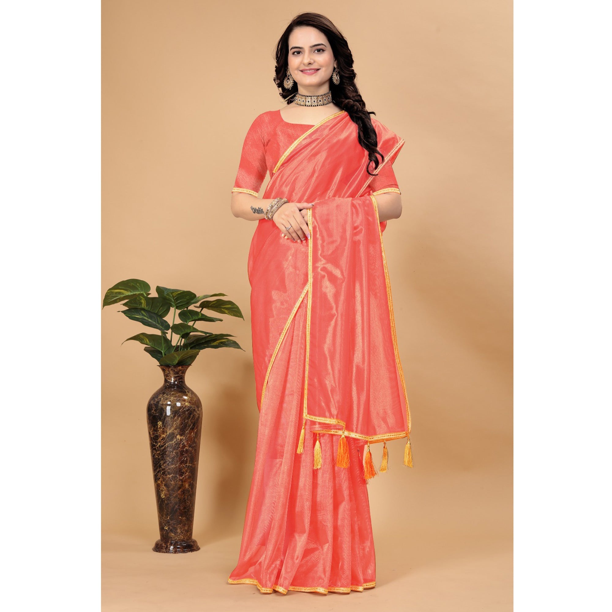 Peachmode Dark Peach Solid Nylon Saree With Lace Border - view 4