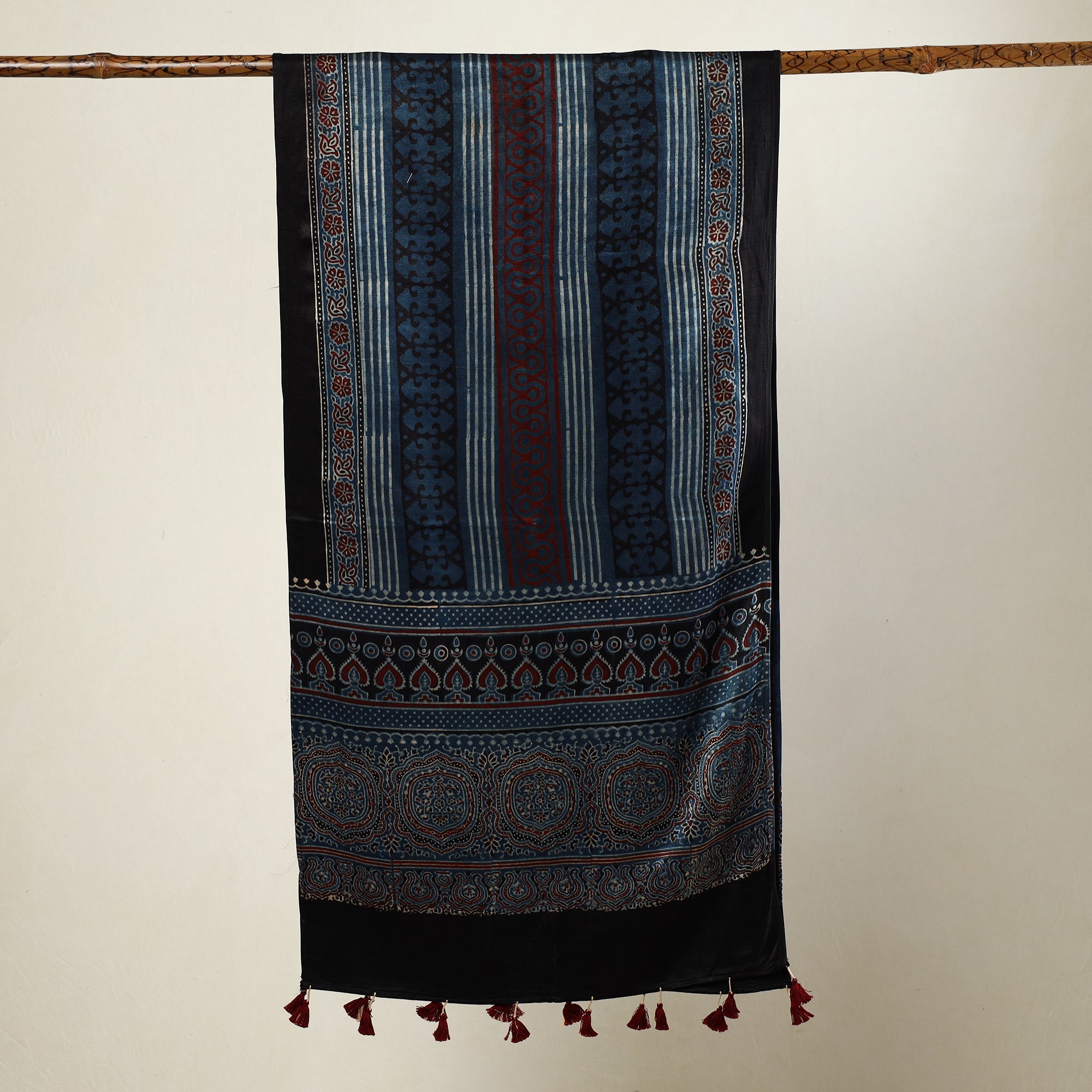 RIYAZ ABDULMAJID KHATRI - AJRAKH Blue - Ajrakh Block Printed Mashru Silk Stole with Tassels - view 2