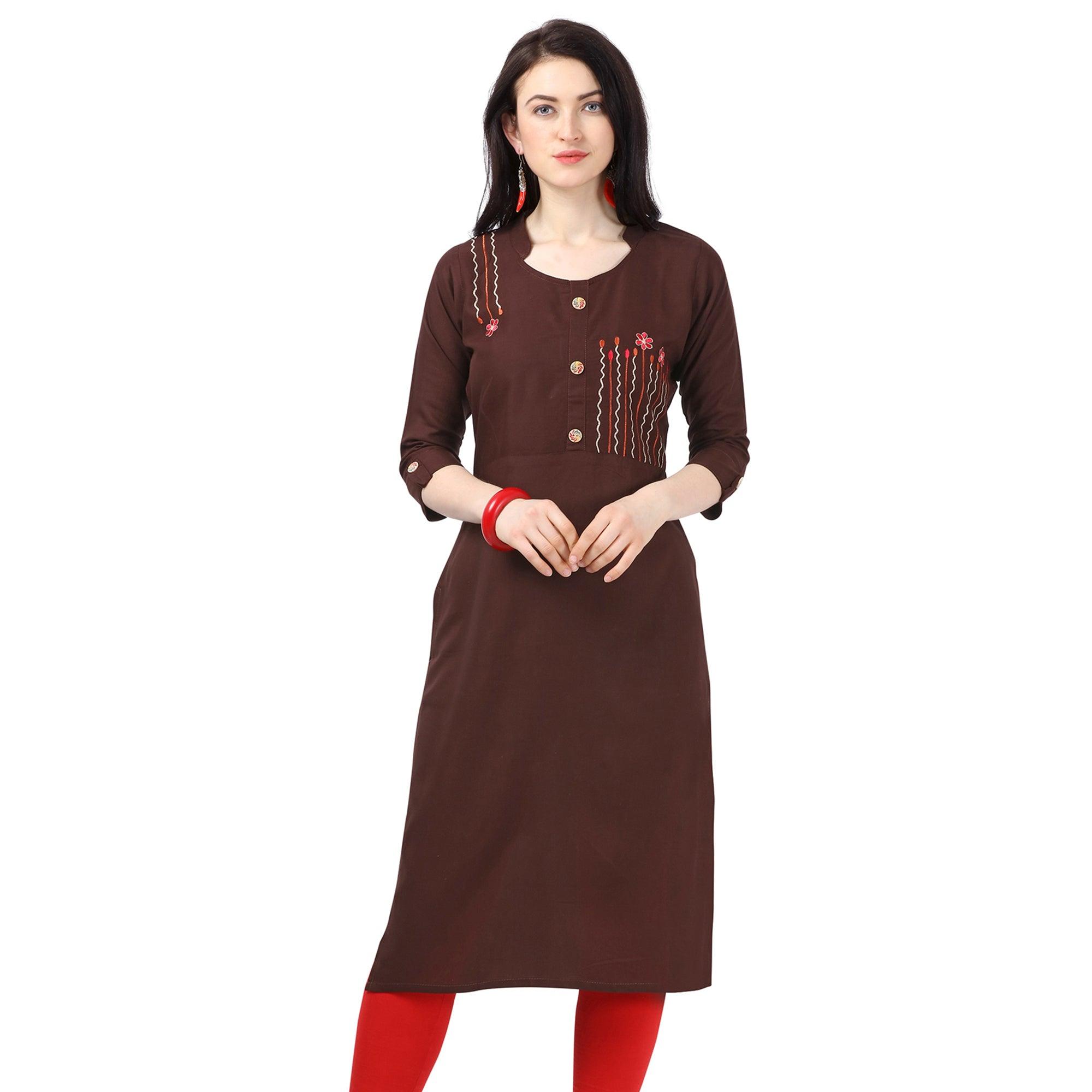 Peachmode Seller Captivating Brown Colored Partywear Embroidered Rayon Kurti