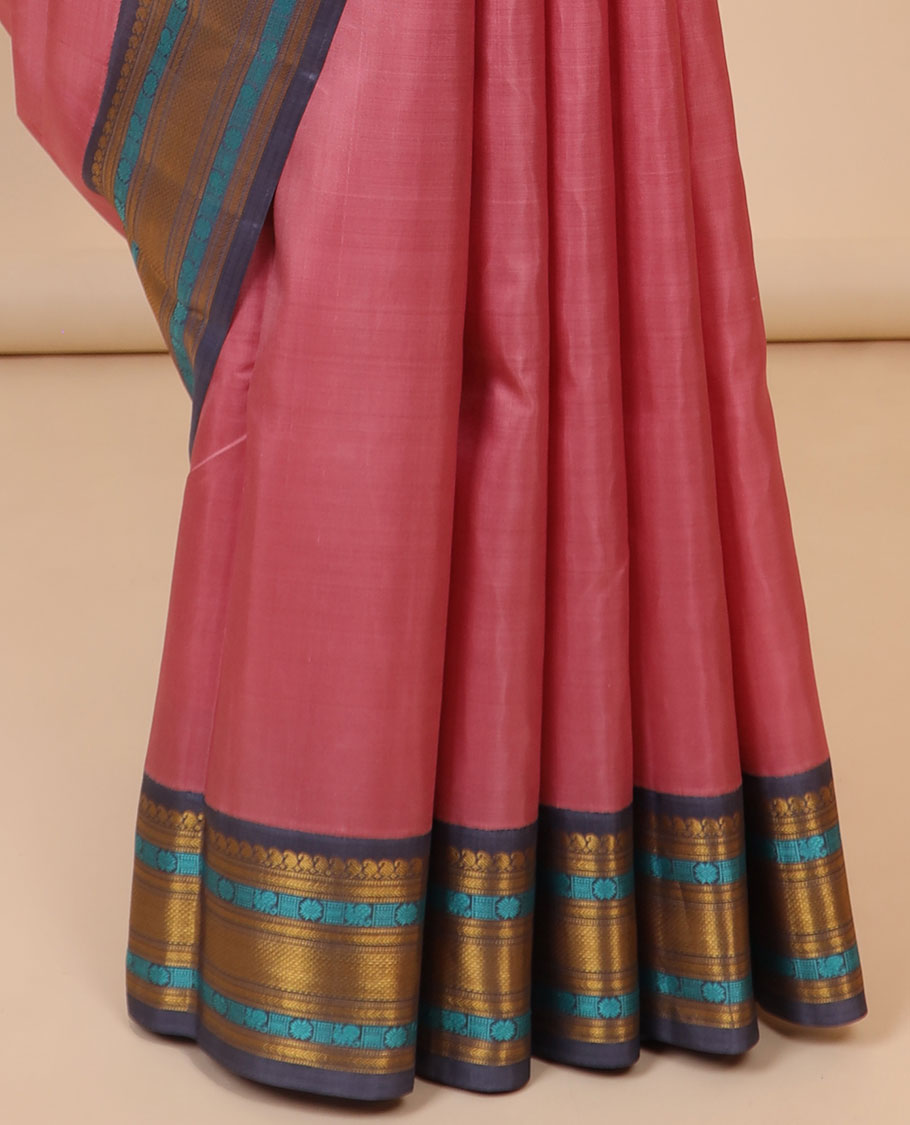 Pothys Pink Kanchipuram silksaree,contrast intricate pallu & korvai border of vanki manga,muthu,kathir,mayil,lavangam,kuyil kan - view 4
