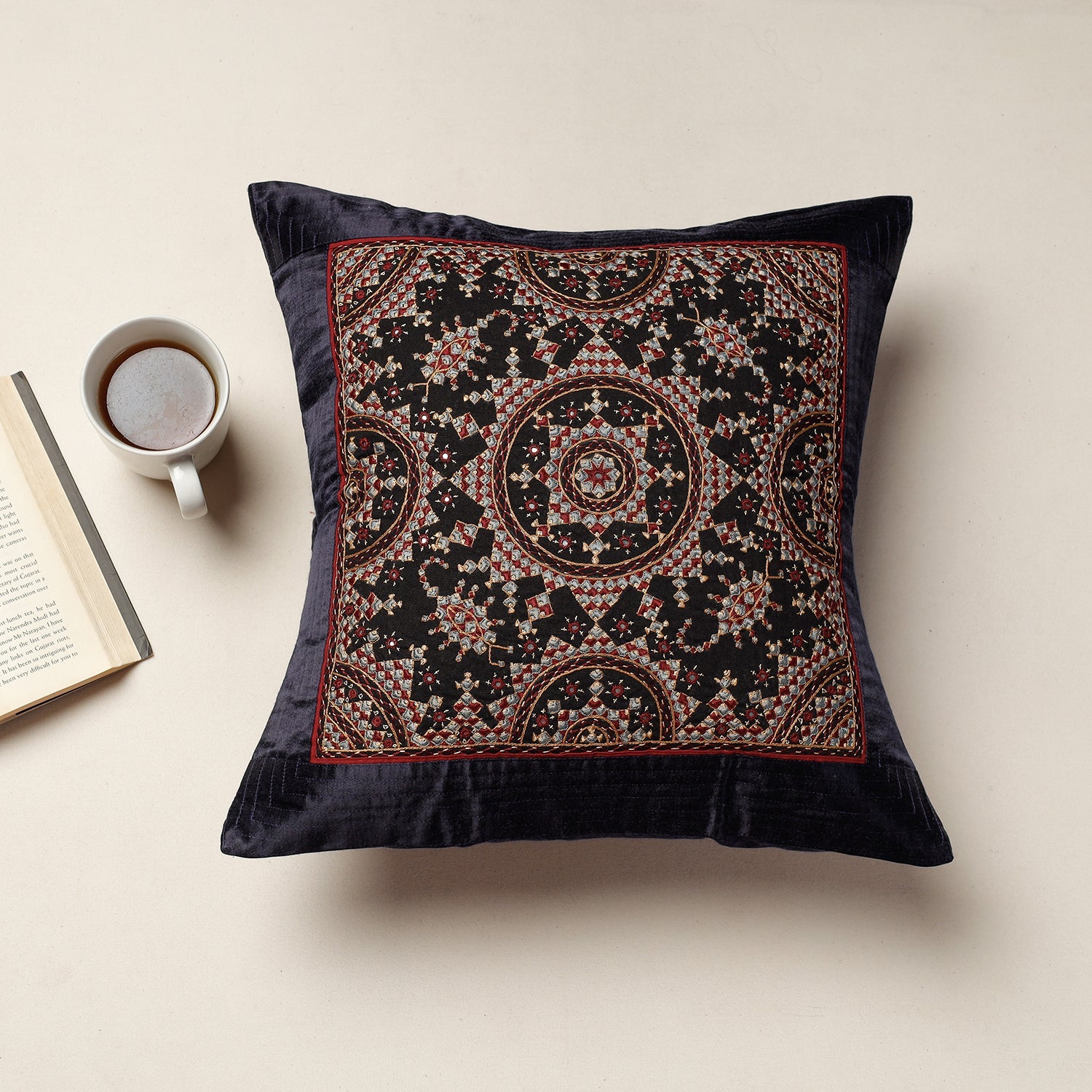 QASAB Black - Kutch Neran Hand Embroidery Mashru Silk Cushion Cover (16 x 16 in)
