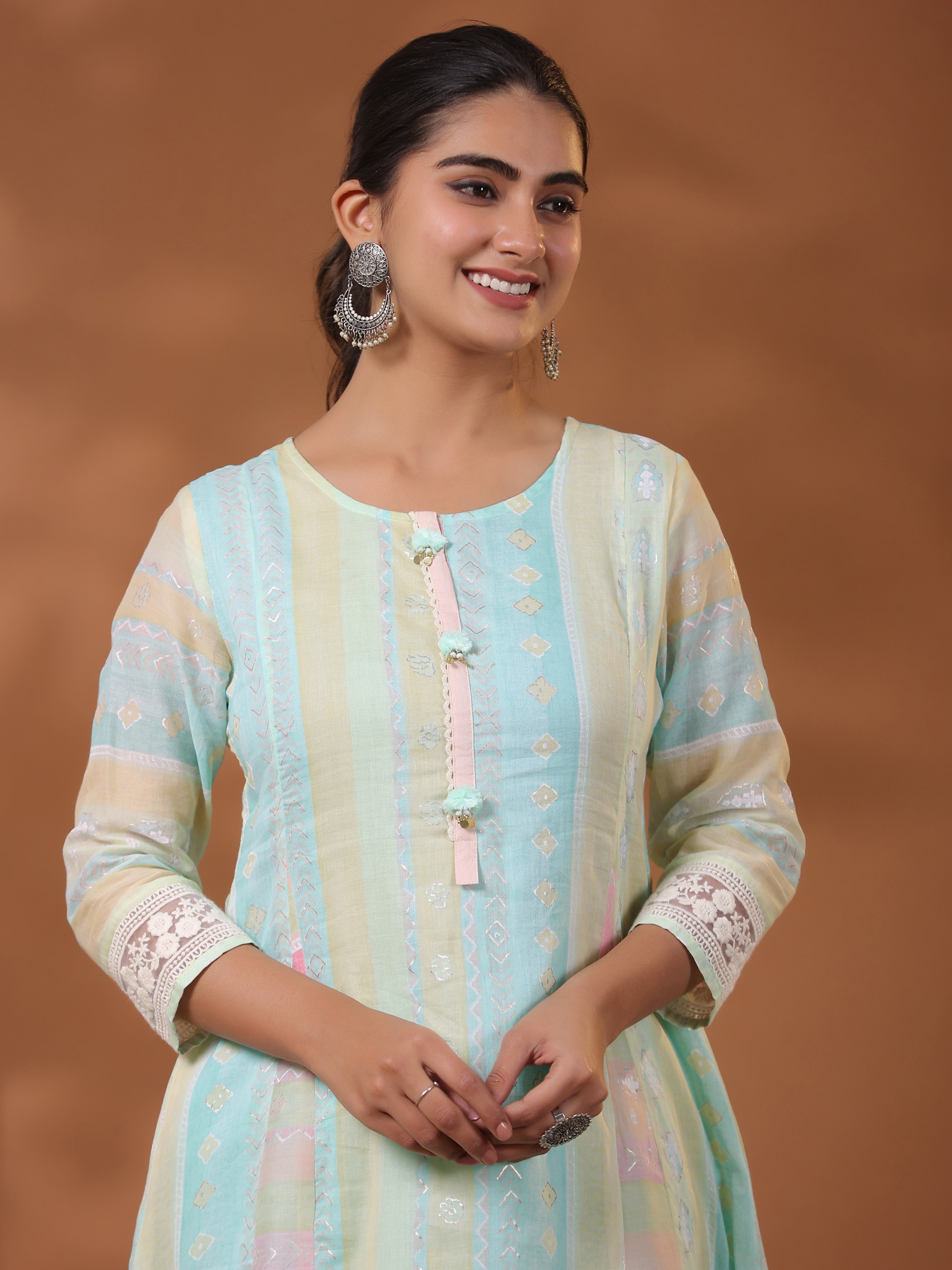 Fashor Ethnic Pastel Stripes Foil Printed A-Line Paneled Kurta - Blue