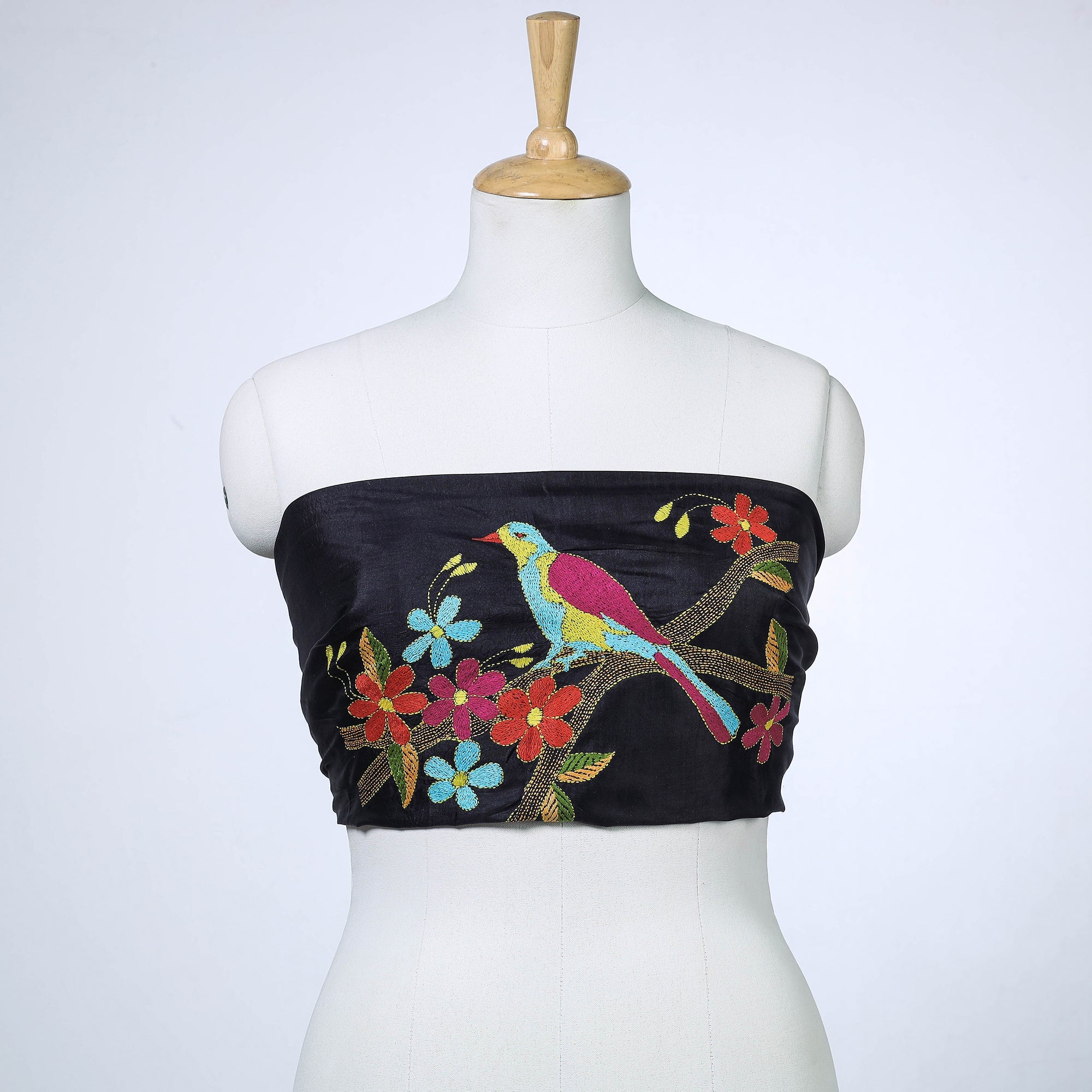 DASTKAR Black - Bengal Kantha Embroidery Bishnupuri Silk Blouse Piece