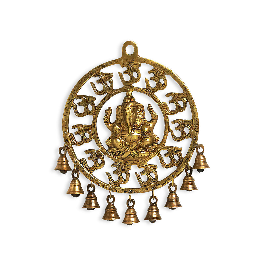 EXCLUSIVELANE 'Mahaganpati' Hand-Etched Wall Décor Hanging with Bells In Brass (9 Bells) - view 2