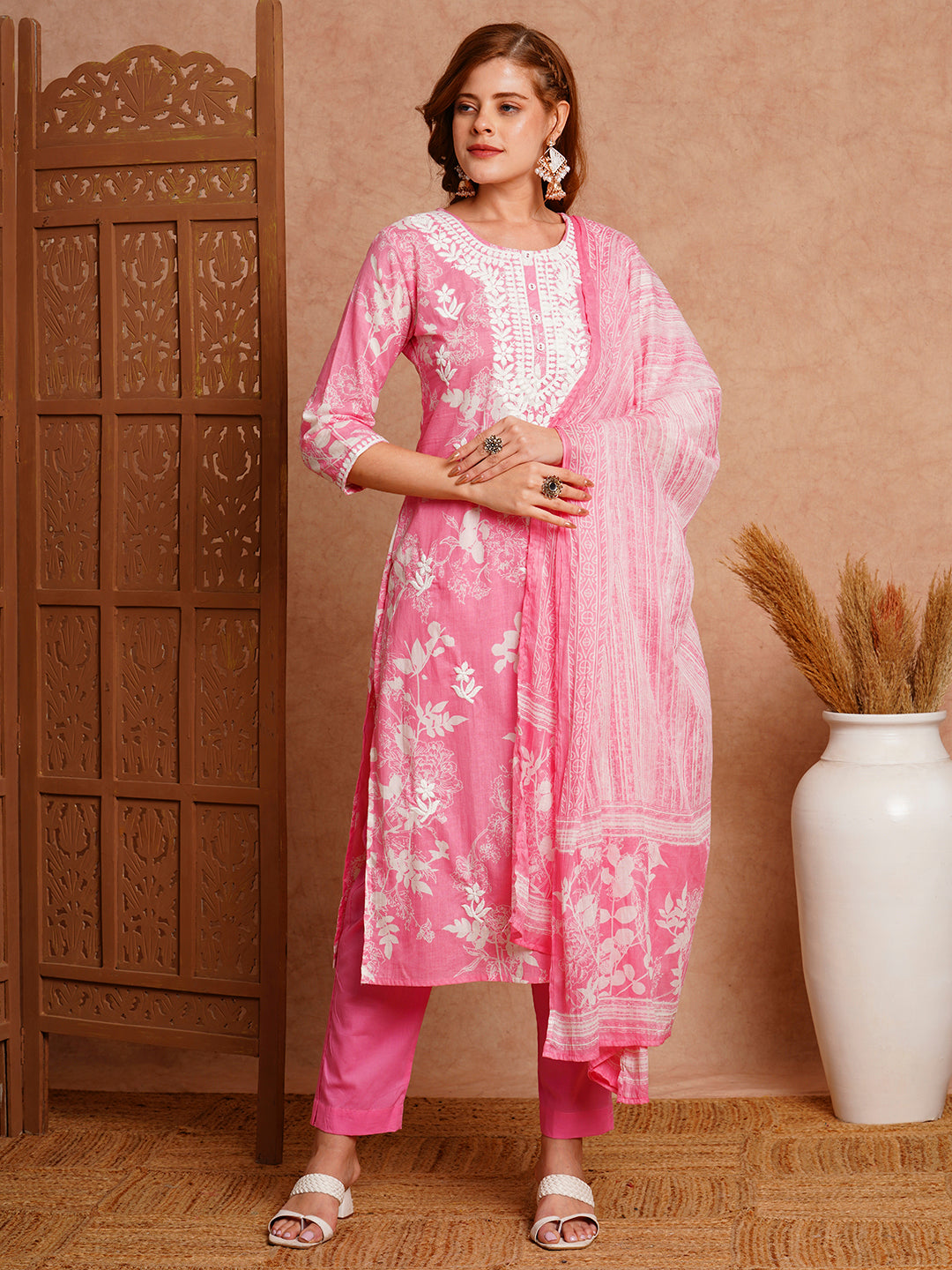 FASHOR Floral Printed & Chikankari Embroidered Kurta with Pant & Dupatta - Pink