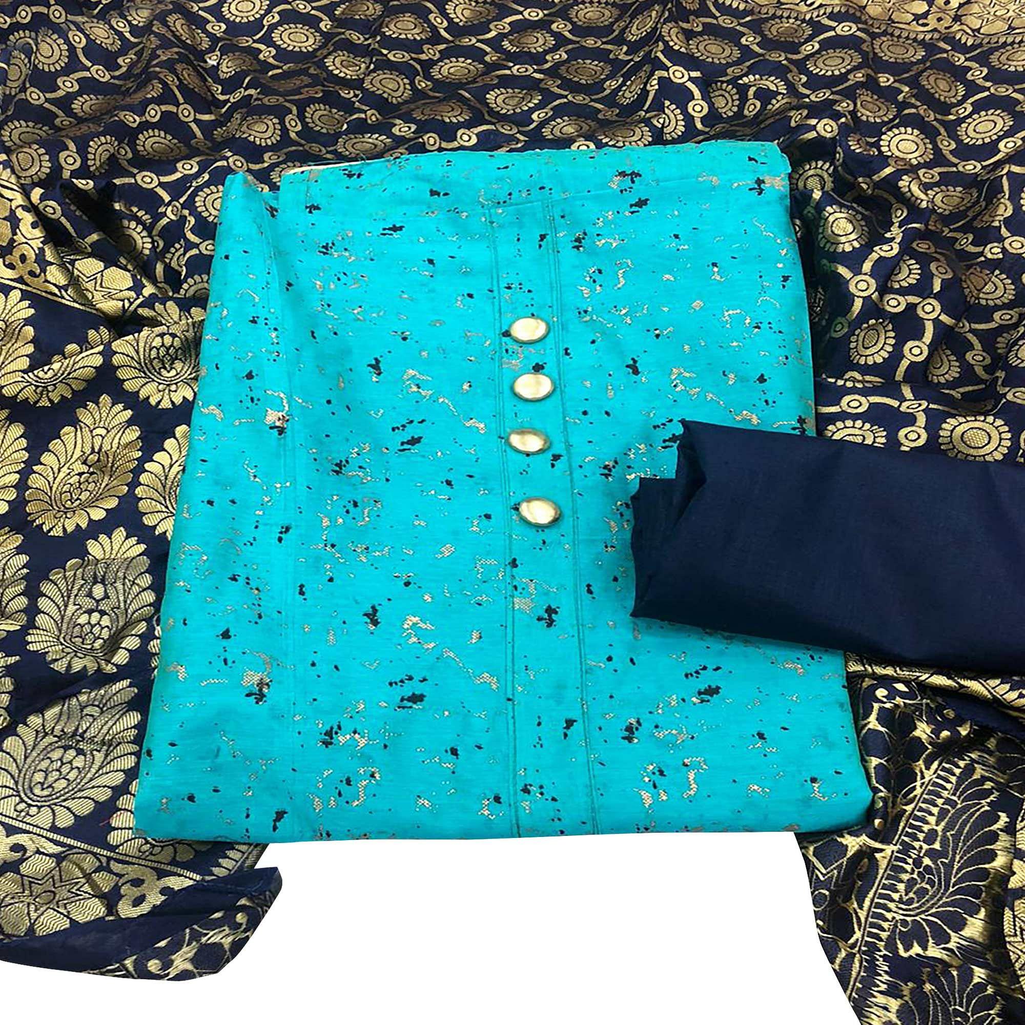 Peachmode Classy Sky Blue Colored Casual Wear Printed Chanderi Dress Material With Banarasi Silk Dupatta - view 3