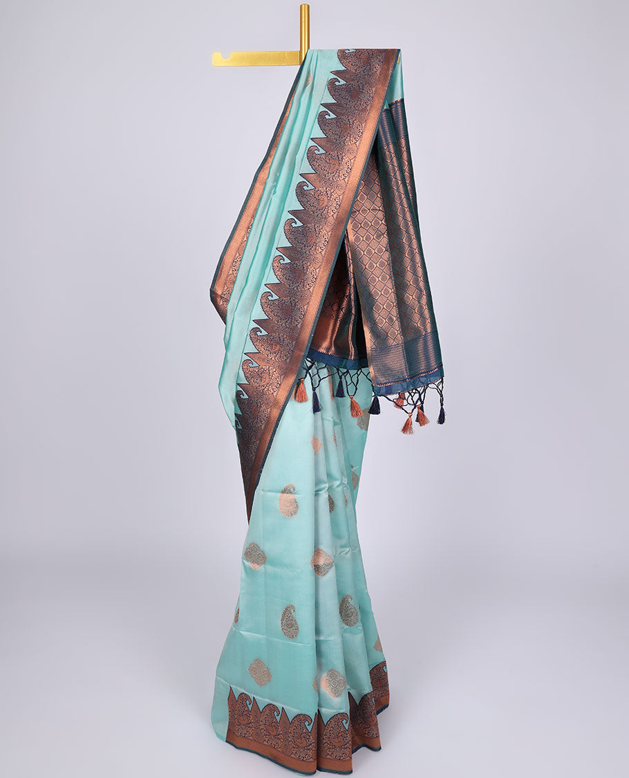 Pothys Pastel blue butter silk saree with zari buttas, contrast border of paisleys & peacock & ogee patterned pallu