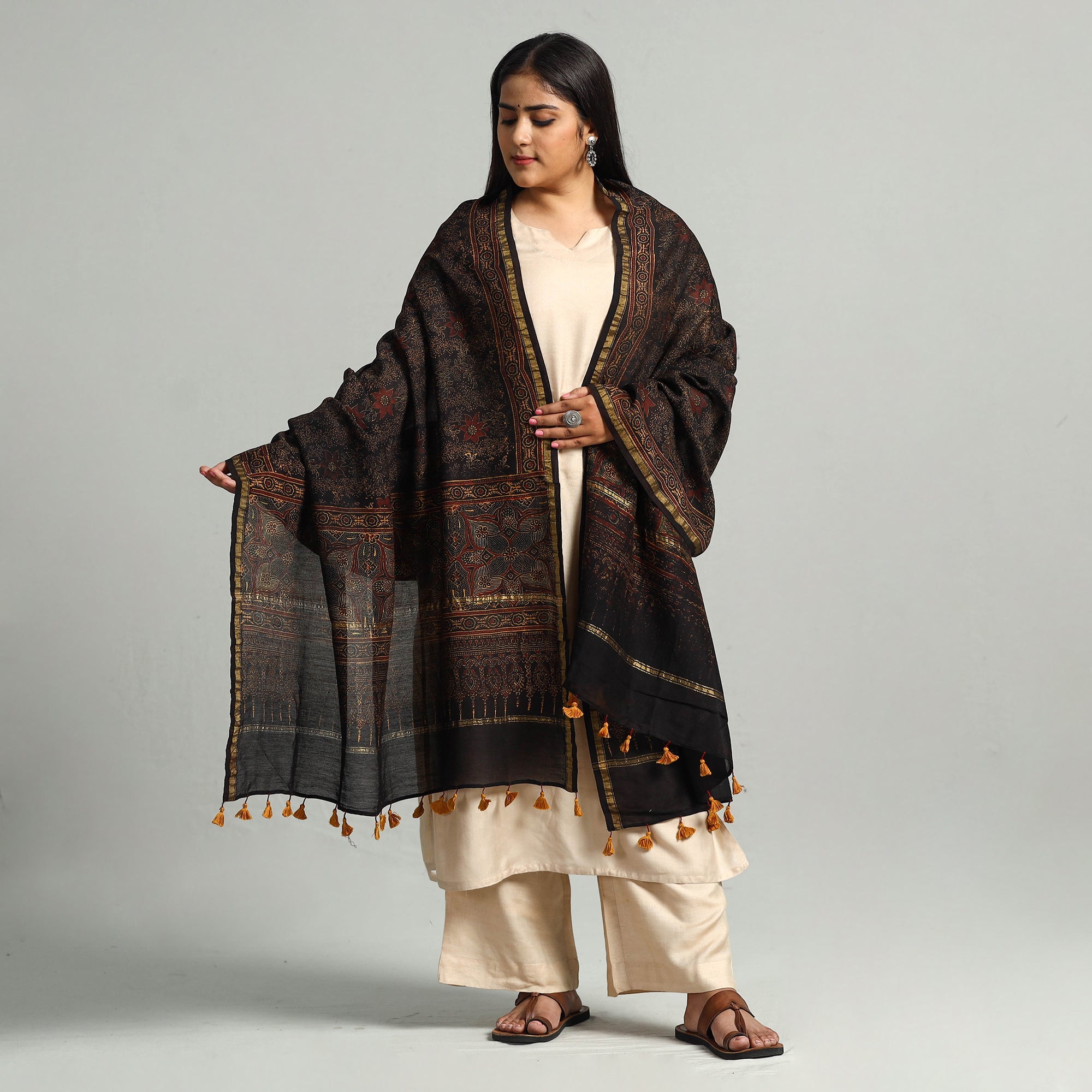 AJRAKH BY SUFIYAN ISMAIL KHATRI Brown - Block Printed Chanderi Silk Handloom Ajrakh Dupatta 08 - view 2