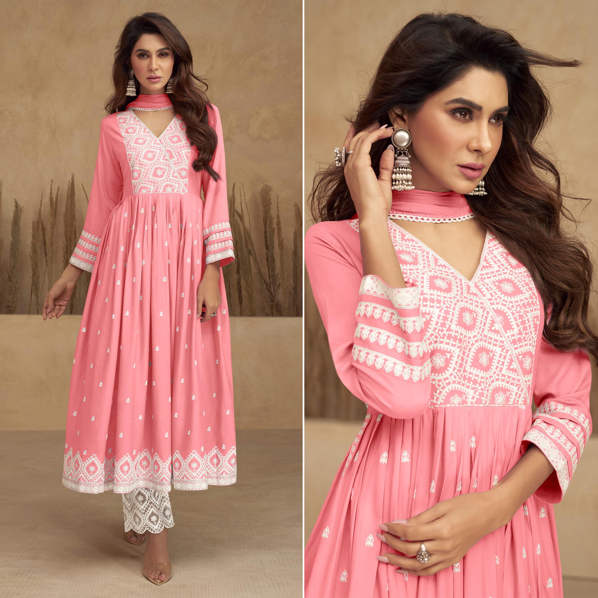 Peachmode Light Pink Lucknowi Embroidered Rayon Naira Cut Suit