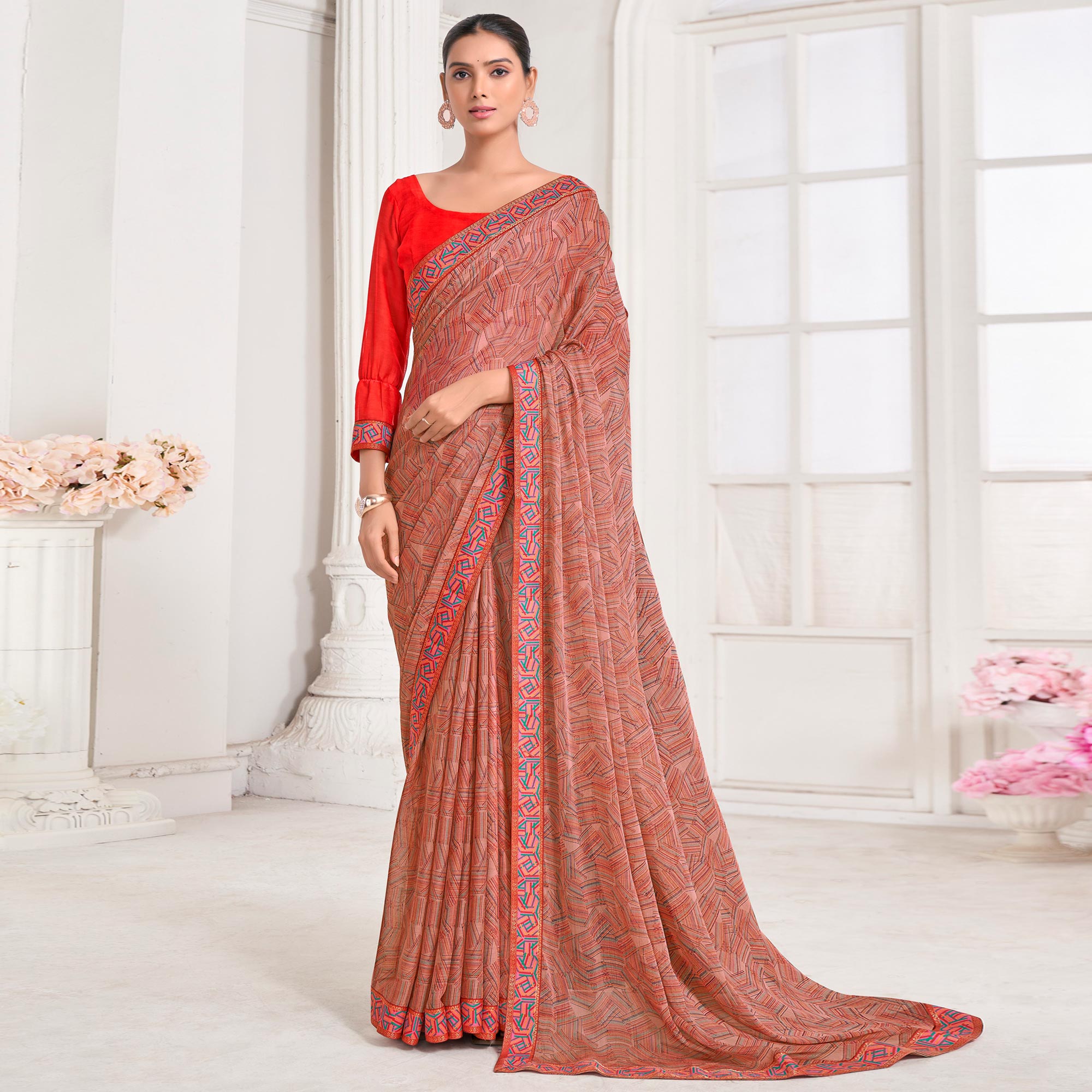 Peachmode Brick Red Geometric Printed Chiffon Saree With Lace Border - view 2