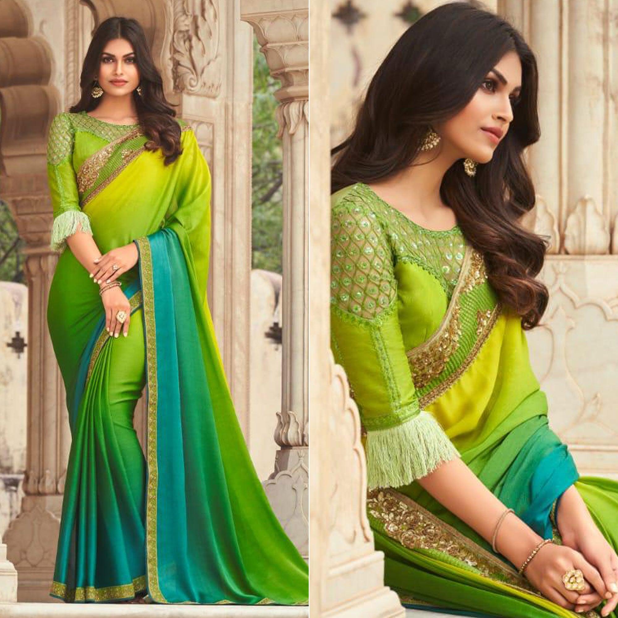 Green sarees – BlackTree green-and-blue-floral-sequence-embroidered-art-silk-saree