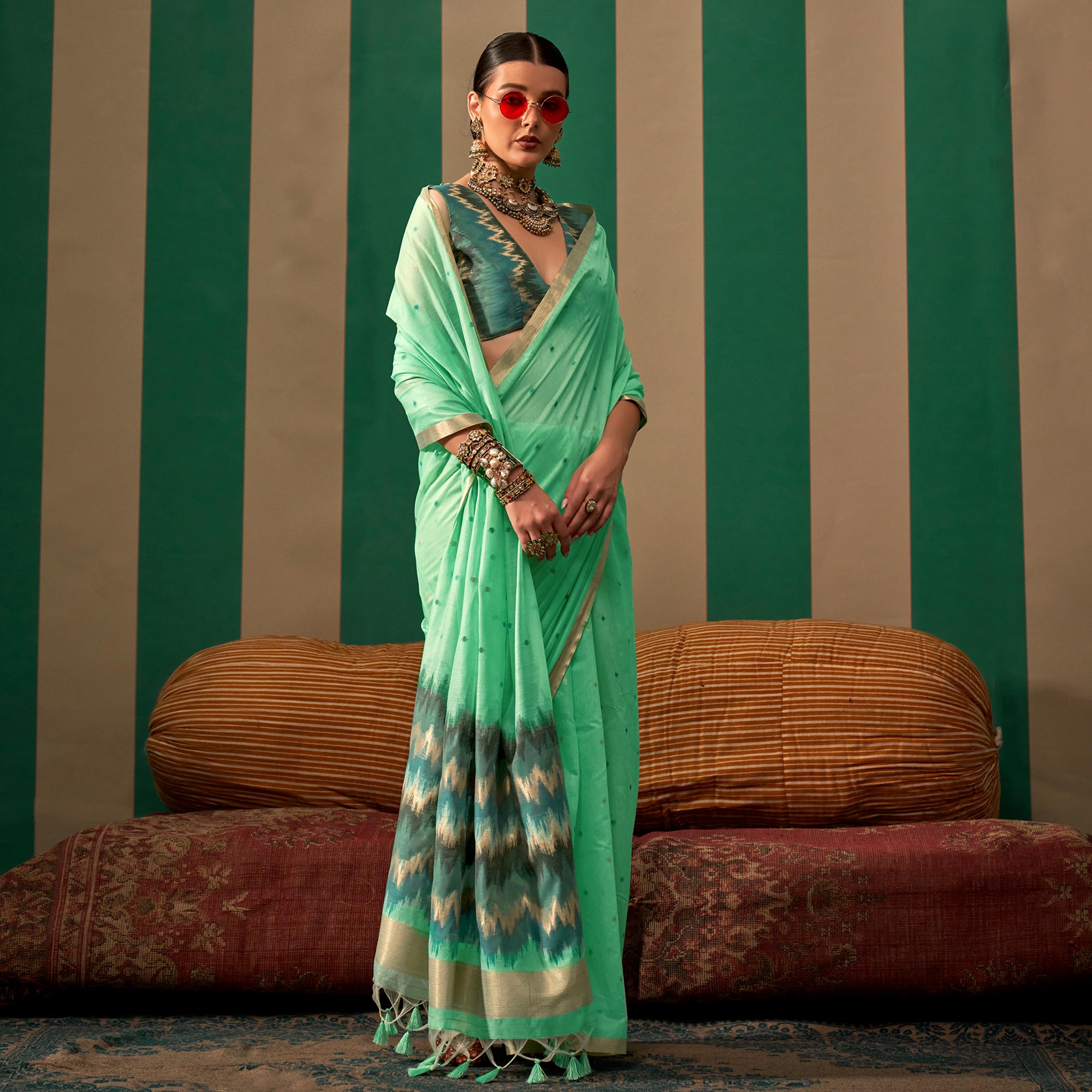 Peachmode Mint Green Woven Cotton Silk Saree – Women's - view 4