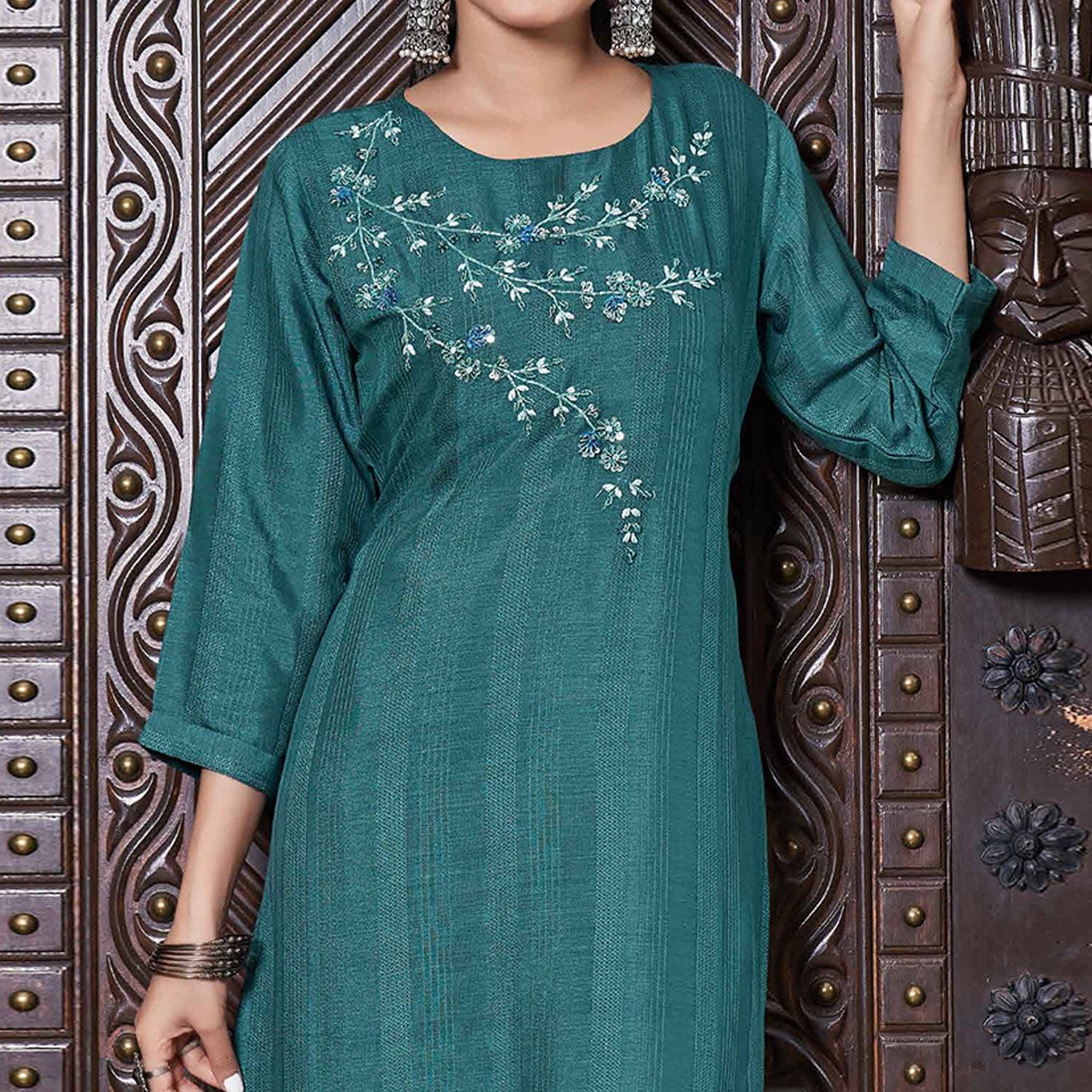 Peachmode Seller Deep Sea Green Floral Embroidered Rayon Kurti - view 3