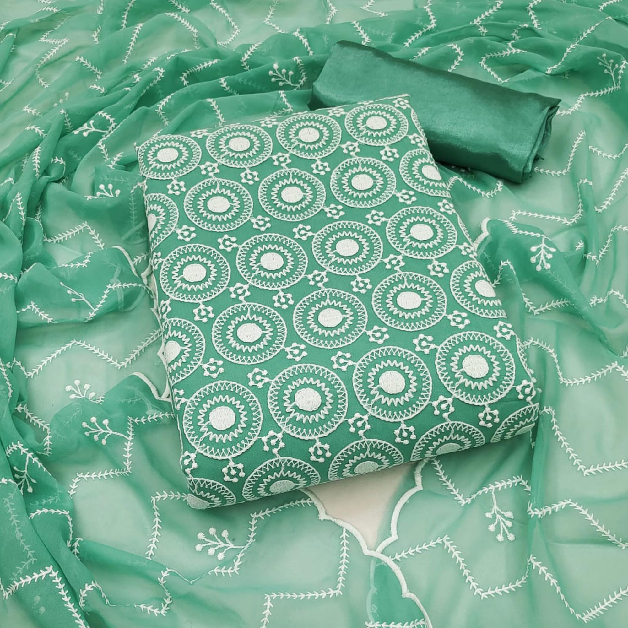 Peachmode Turquoise Embroidered Georgette Dress Material