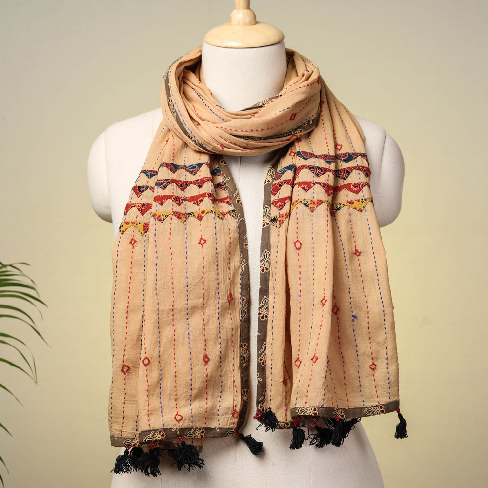 SHADES OF MARUDHARA Brown - Marudhara Tagai Work Ajrakh Border Cotton Stole with Tassels