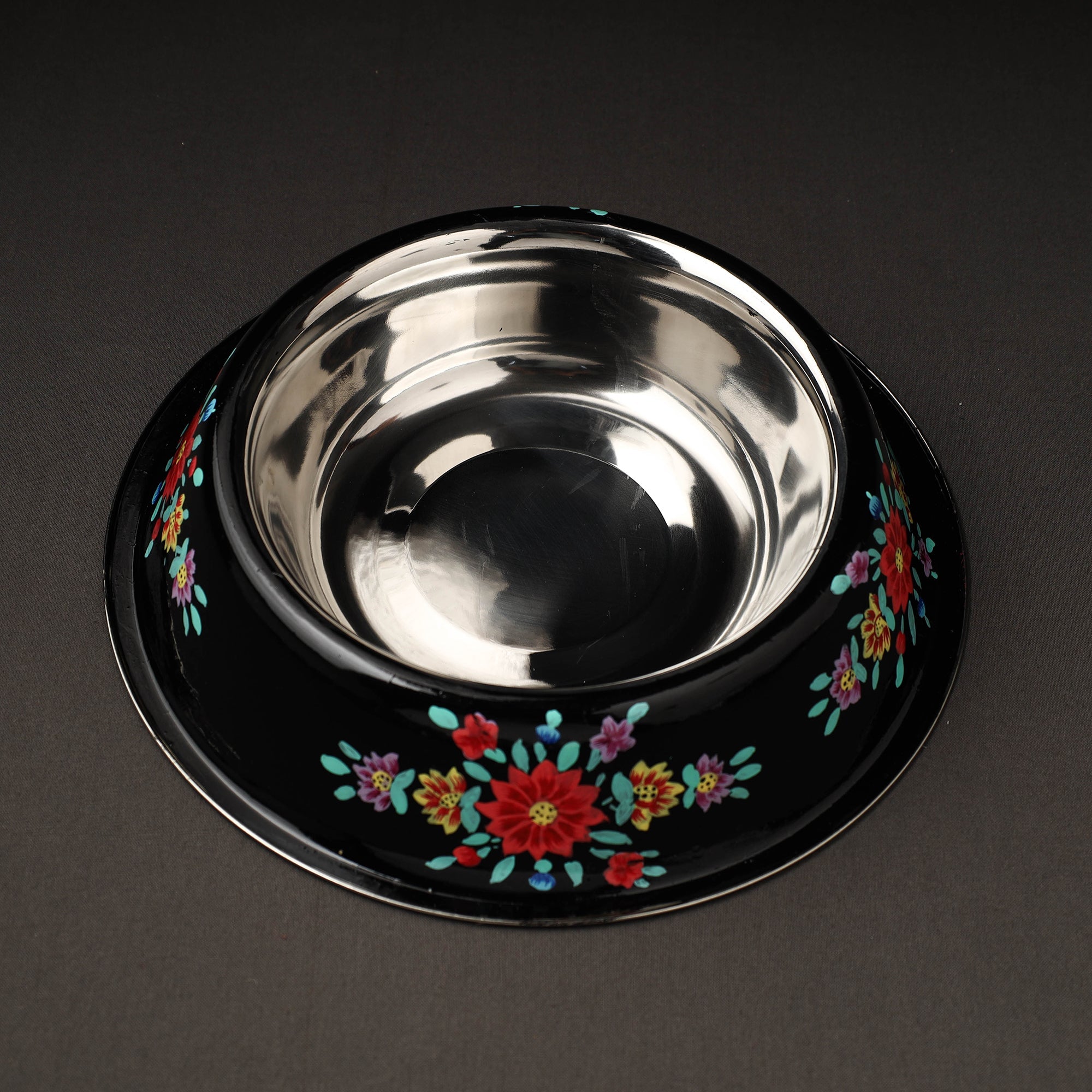 AAYAAS Black - Floral Handpainted Enamelware Stainless Steel Pet Bowl - view 2