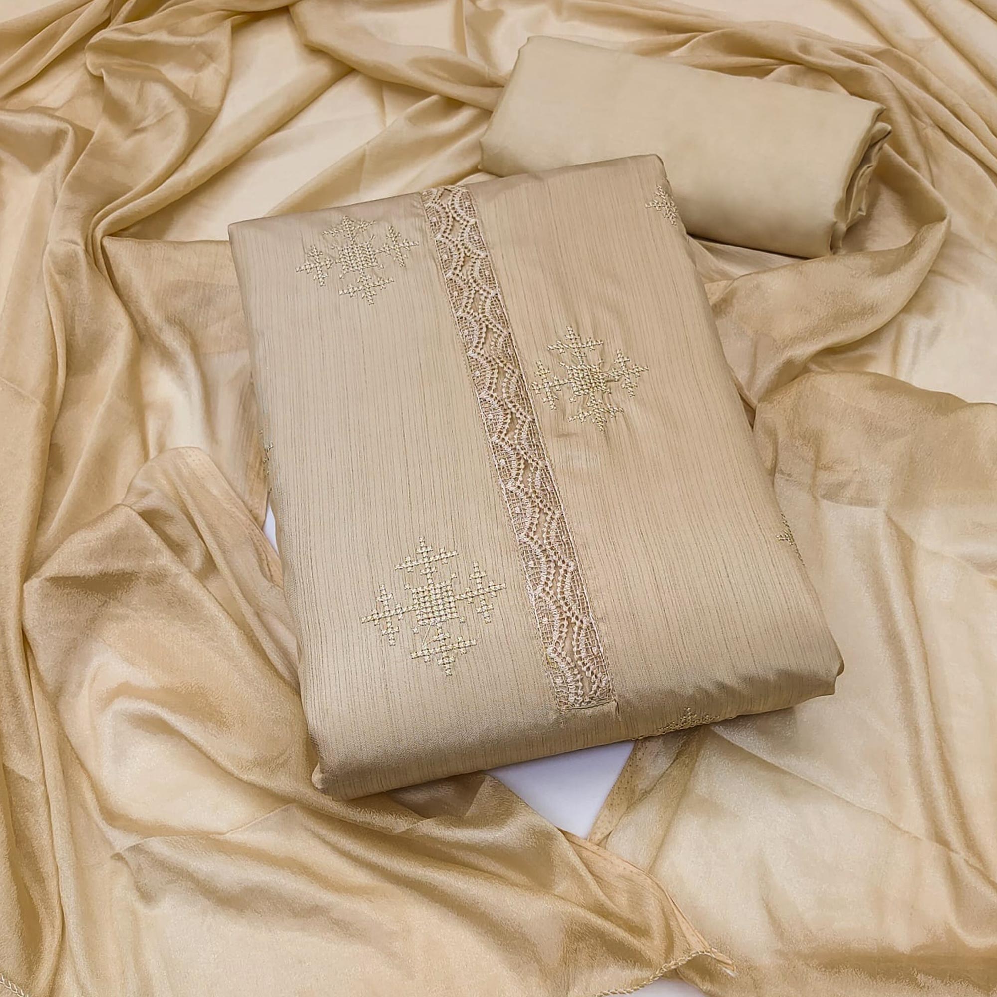 Peachmode Light Chikoo Embroidered Raw Silk Dress Material