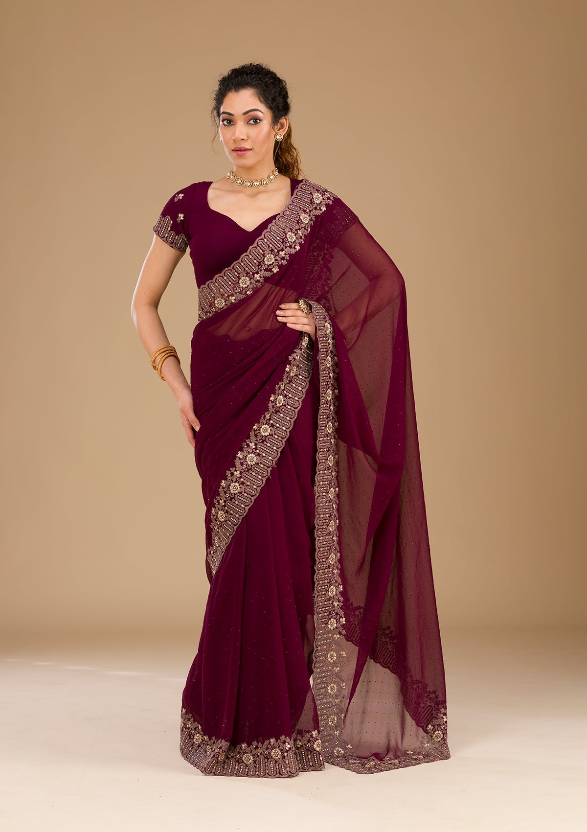Koskii Wine Zariwork Georgette Saree – Women's