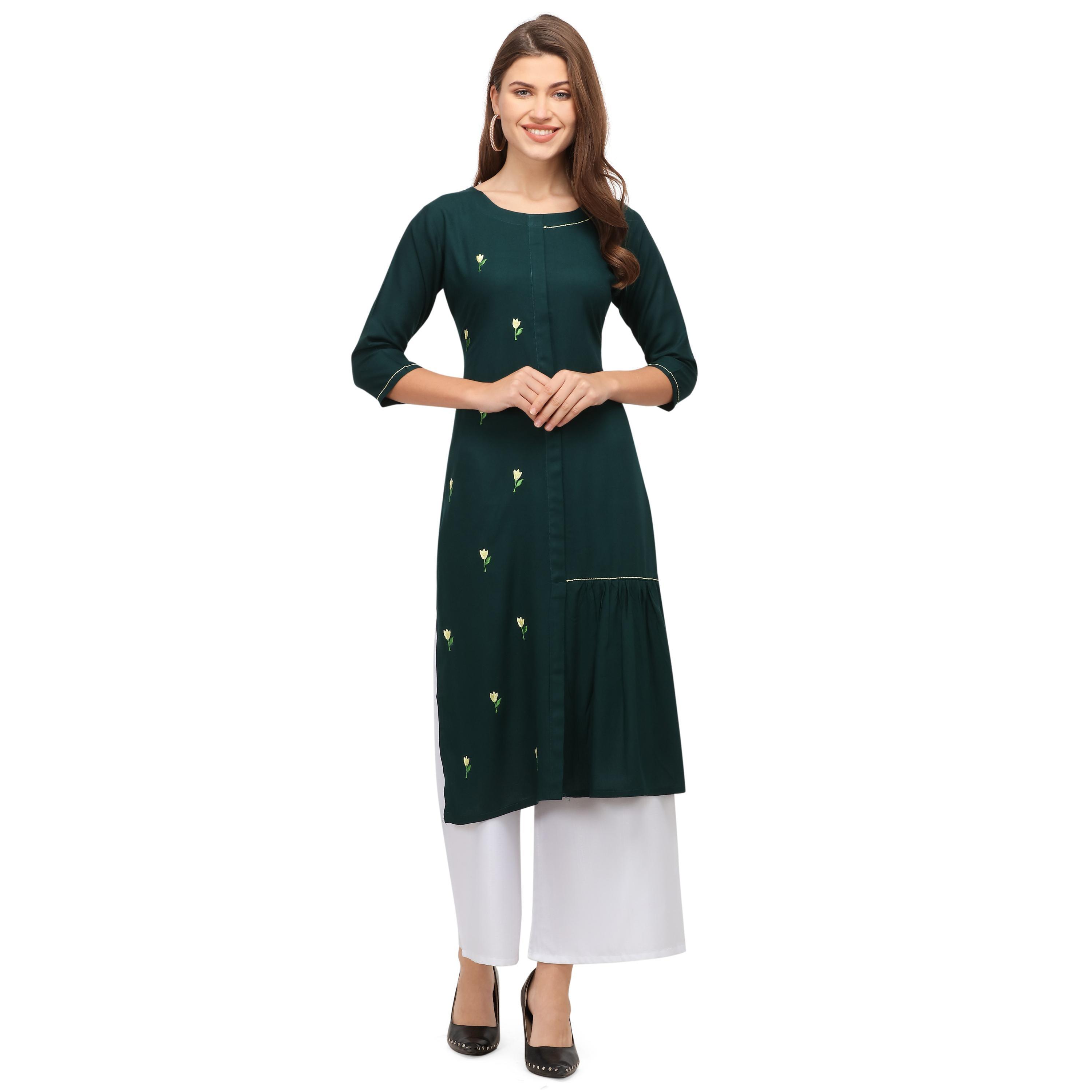 Peachmode Seller Intricate Green Colored Casual Wear Embroidered Rayon Kurti With Palazzo