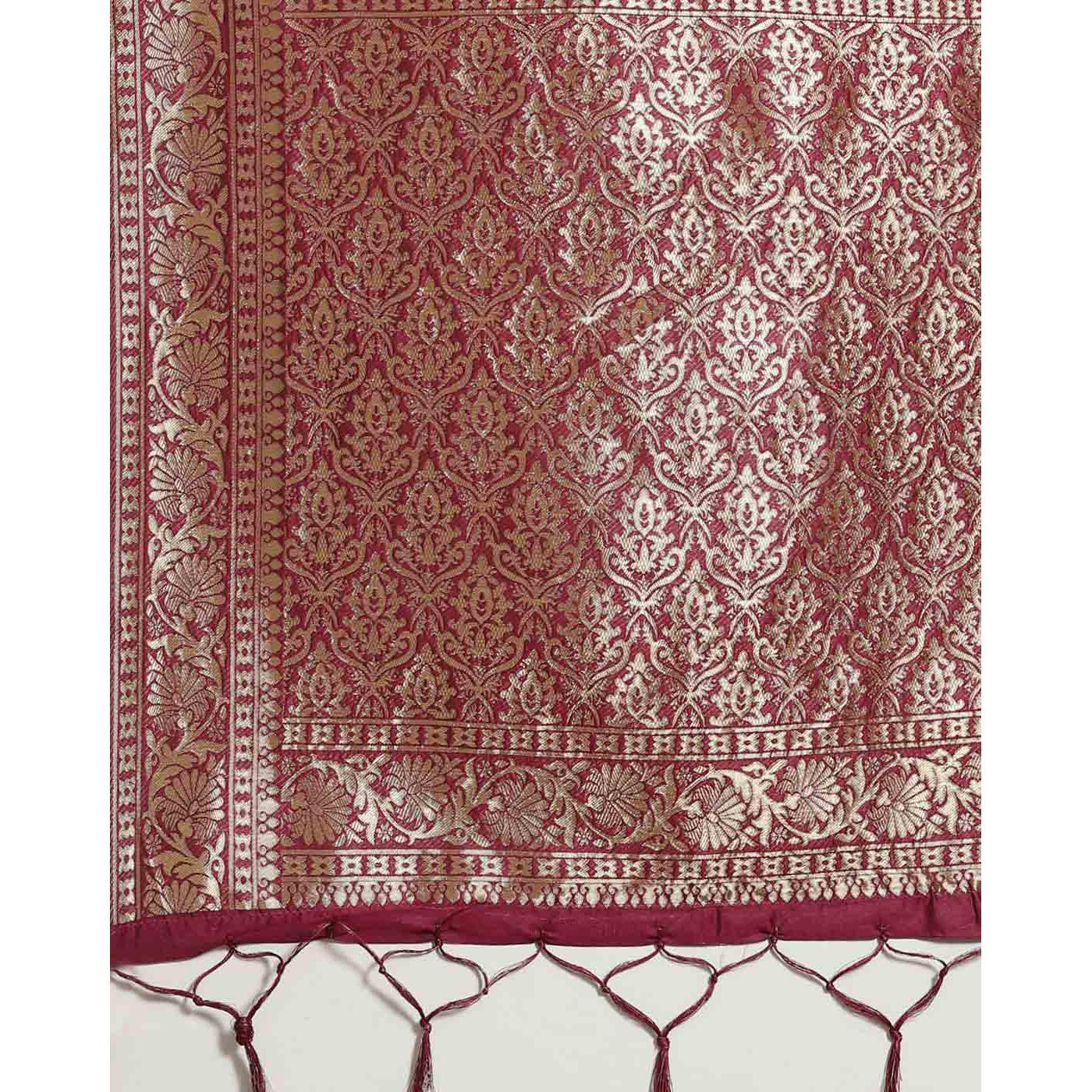 Peachmode Intricate Magenta Colored Festive Wear Woven Silk Blend Saree - view 3