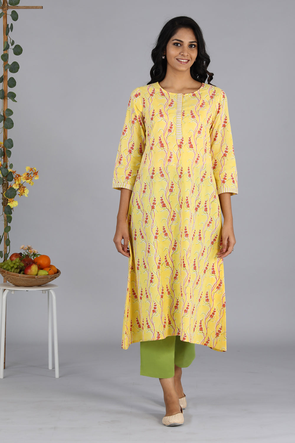 Kalanjali Ethnics Handblock printed yellow kurti