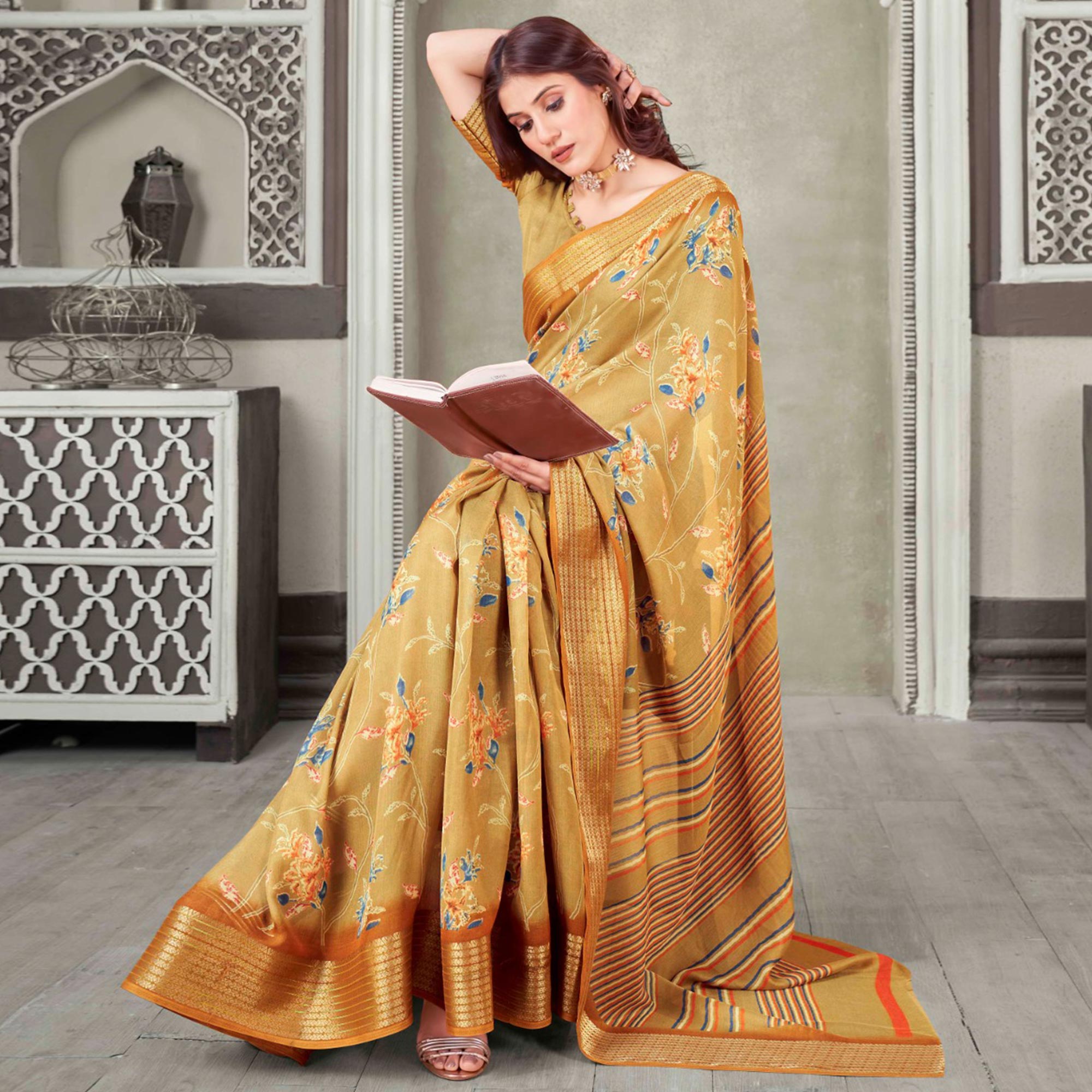 Peachmode Chikoo Floral Printed Cotton Blend Saree With Jacquard Border