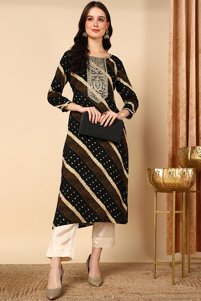 Ahika Plus Size Black Viscose Rayon Leheriya Printed Straight Kurta VCK9684
