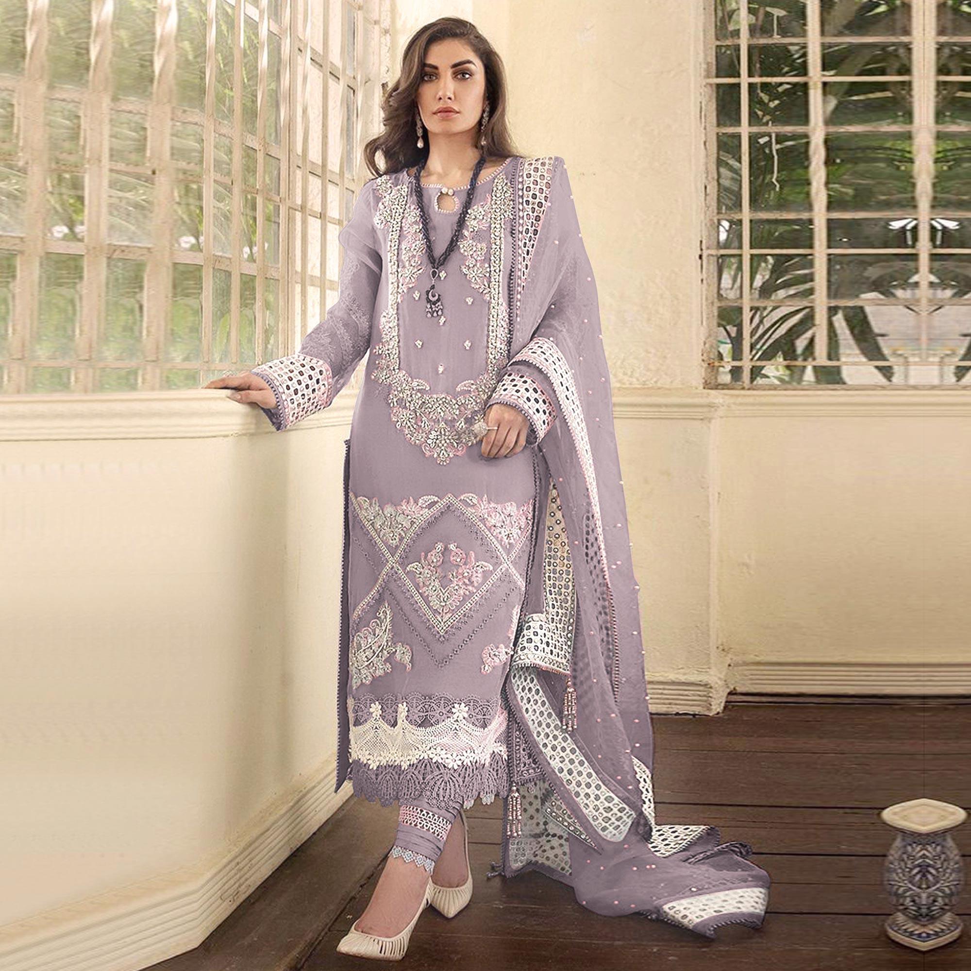 Peachmode Seller Light Lavender Embellished With Embroidered Georgette Pakistani Suit - view 2
