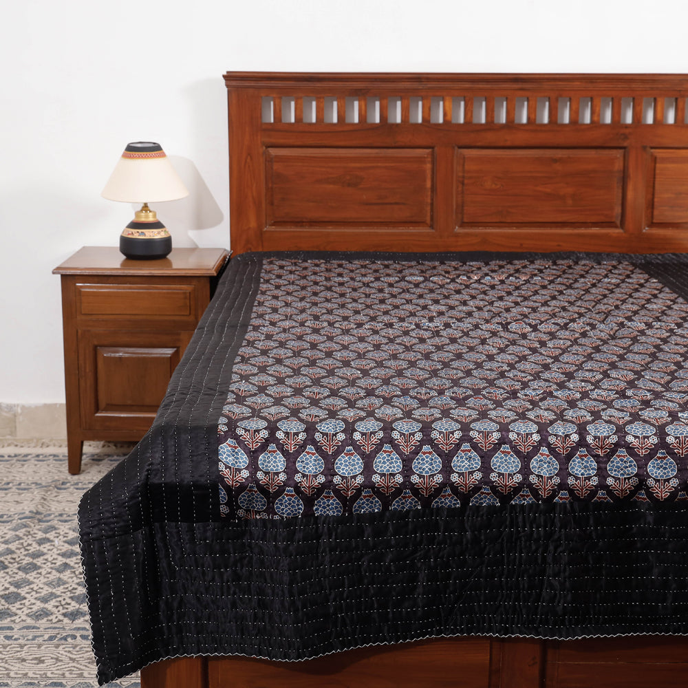 KACHCHH JI CHHAAP Black - Reversible Ajrakh Patch & Tagai Work Mashru Silk Single Bed Cover / Quilt (90 x 59 in)