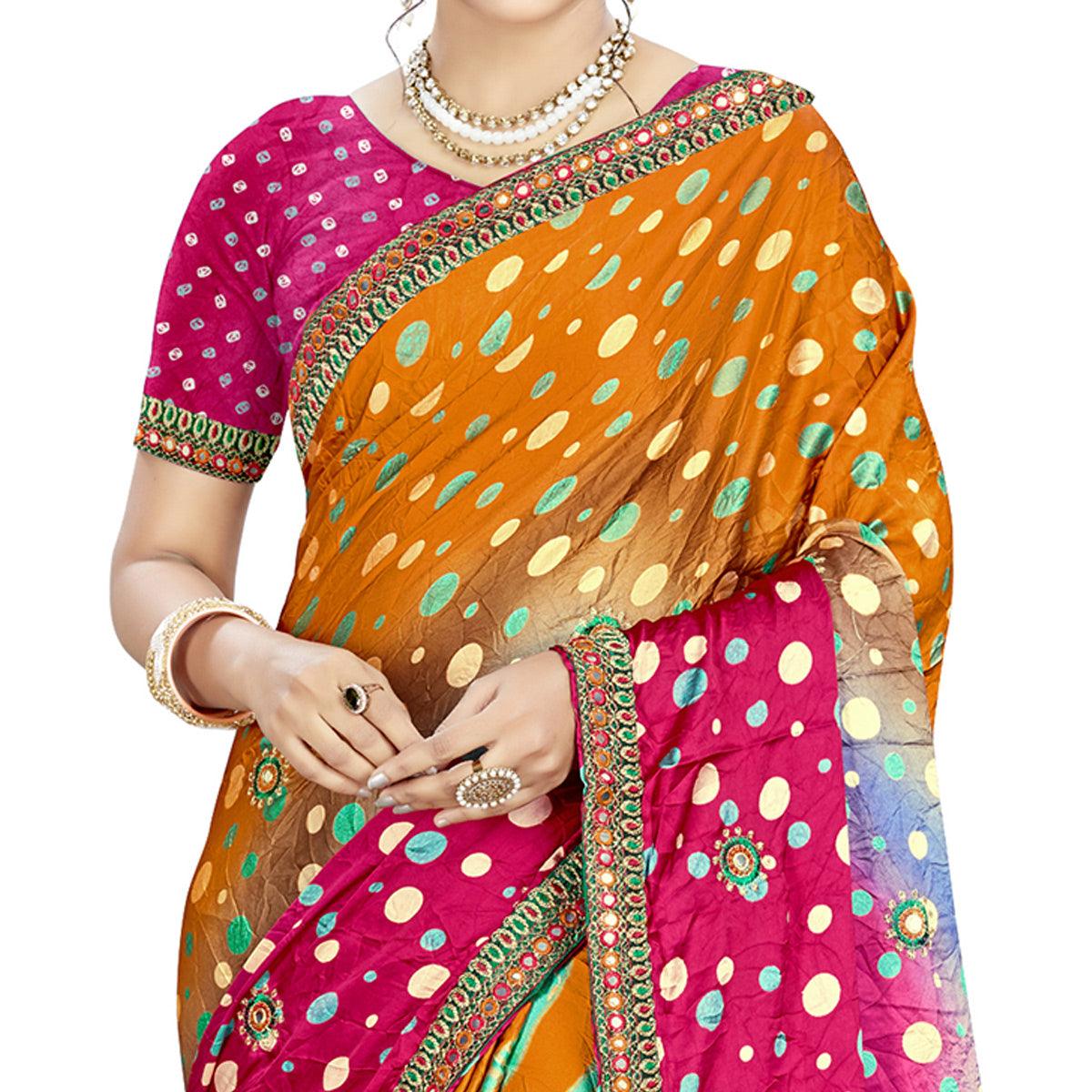 Peachmode Jazzy Mustard - Pink Colored Casual Wear Printed Satin Saree - view 2