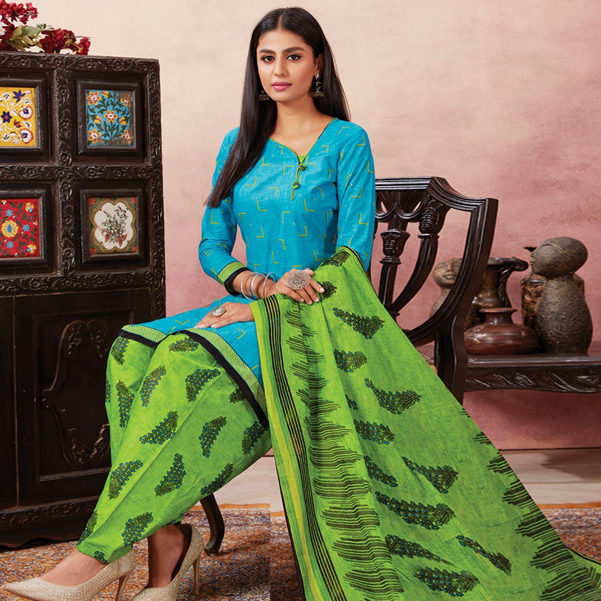 Peachmode Dazzling Sky Blue Colored Casual Wear Printed Pure Cotton Patiala Dress Material