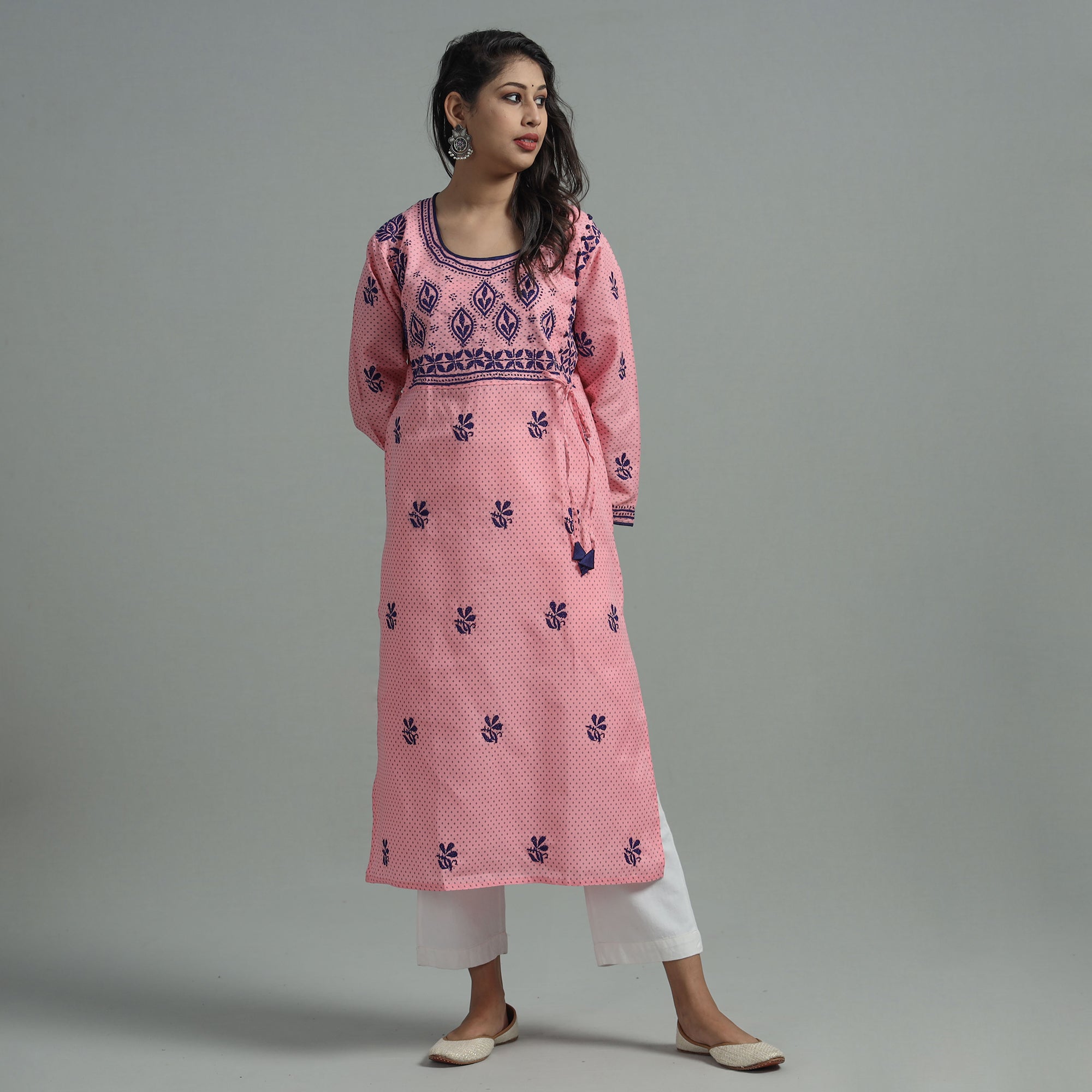 MEHARKI CHIKAN Baby Pink Chikankari Hand Embroidered Cotton Long Kurta - view 2