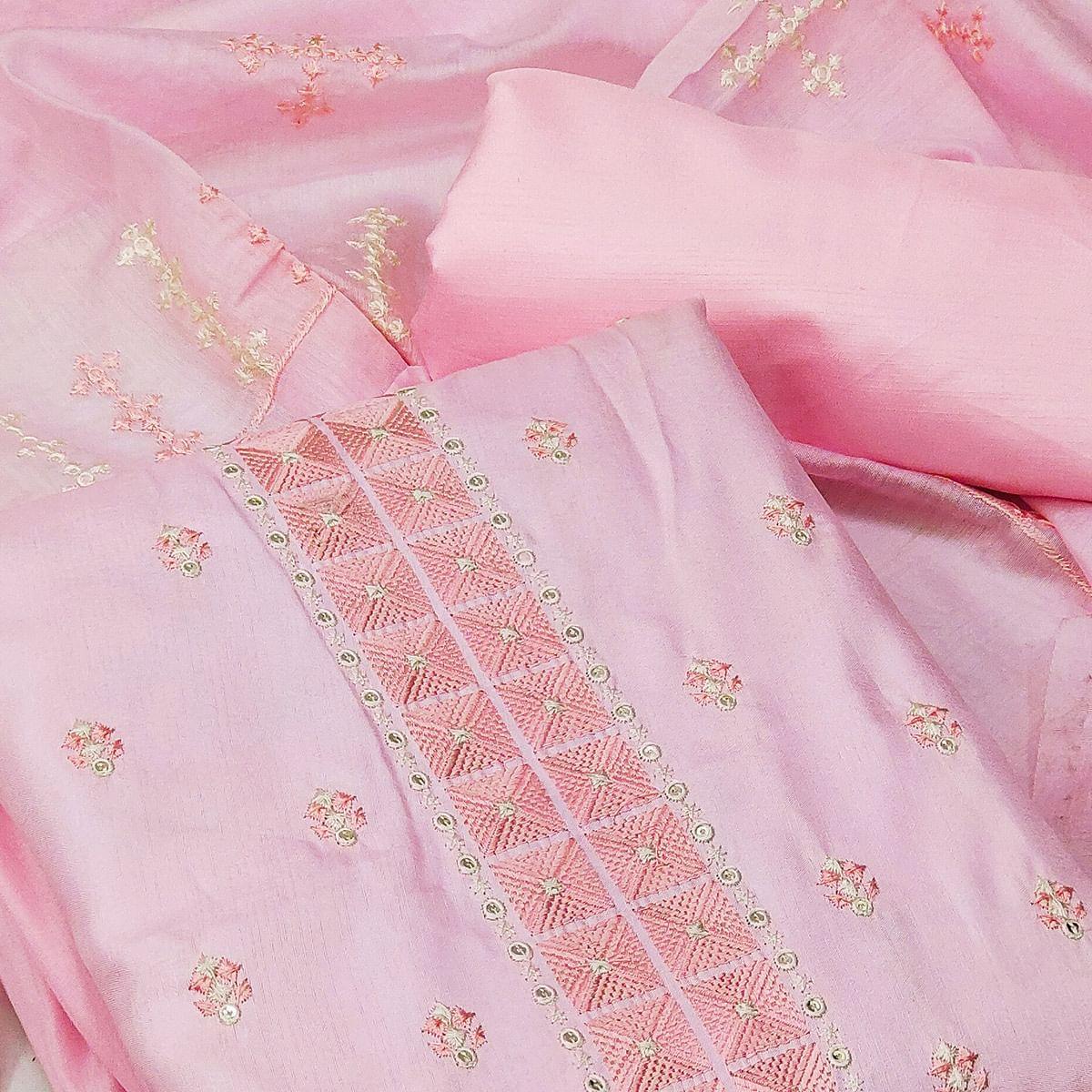 Peachmode Light Pink Casual Wear Embroidered Jelly Silk Dress Material - view 3
