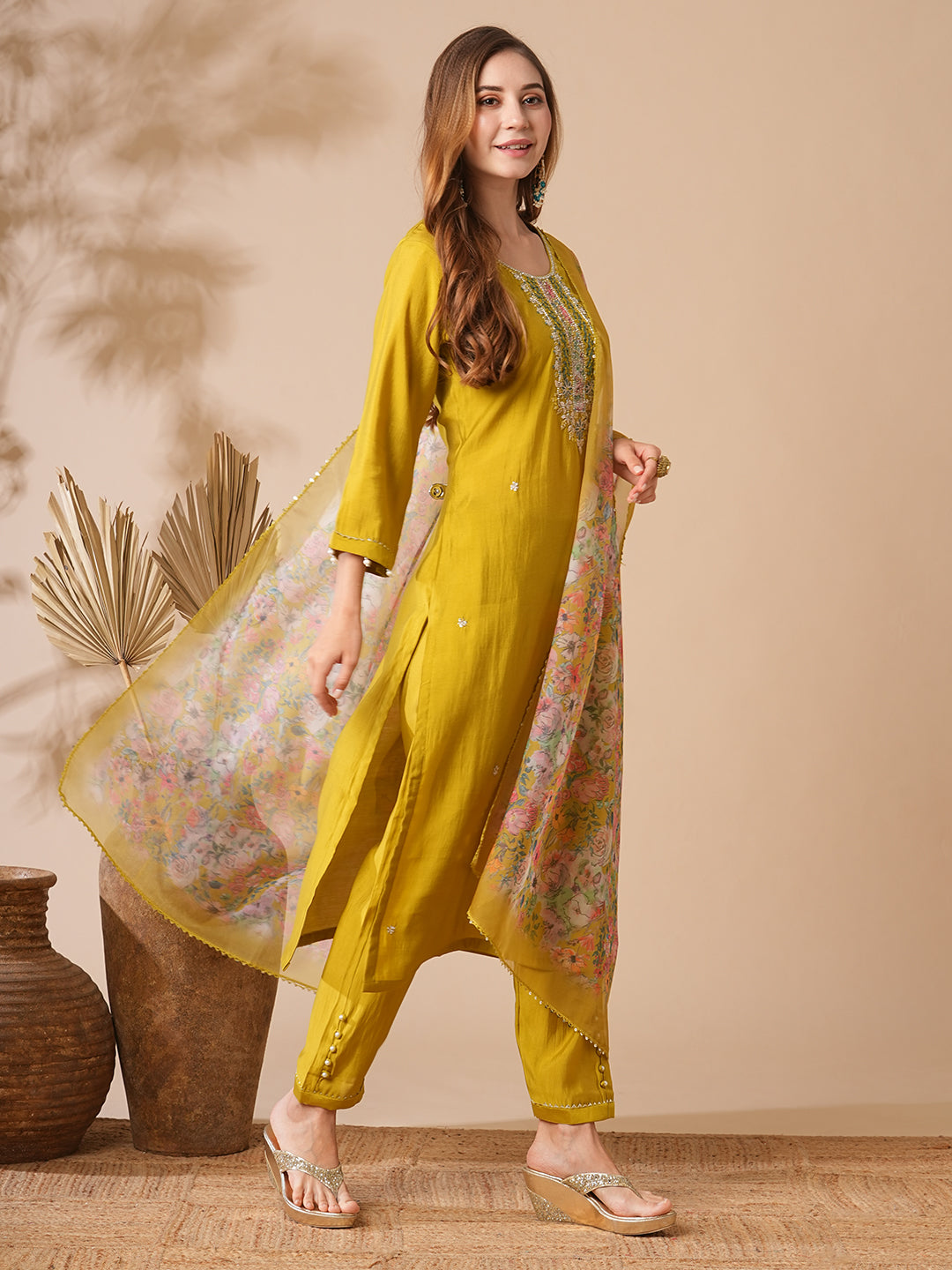 Fashor Solid Zardozi, Mirror & Stone Embroidered Kurta with Pants & Floral Dupatta - Lime Green - view 5
