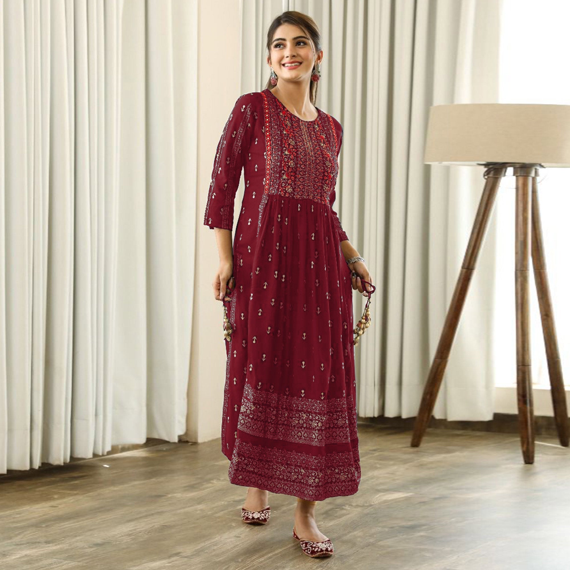 Peachmode Maroon Printed With Embroidered Rayon Naira Cut Kurti - view 6