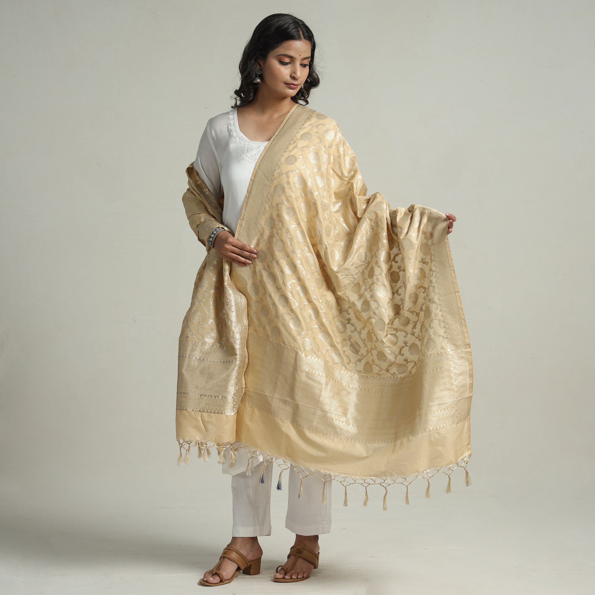 BANARASI BY MAQBUL HASAN Beige - Banarasi Semi Silk Zari Jaal Dupatta with Tassels 81